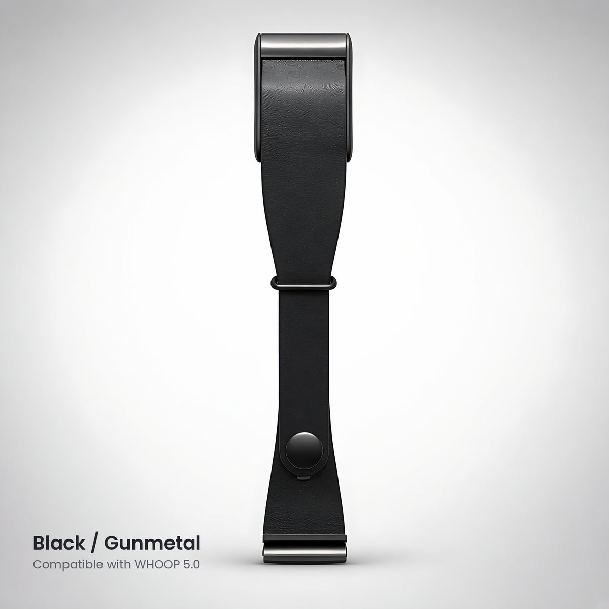 Black leather-look snap strap with gunmetal hardware, compatible with WHOOP 5.0 – CaseCart