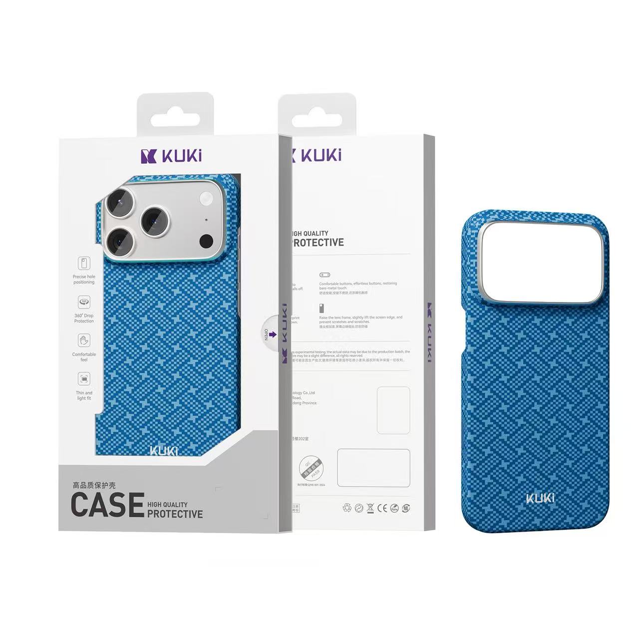 KUKI aramid fibre phone case in Blue with its retail box
