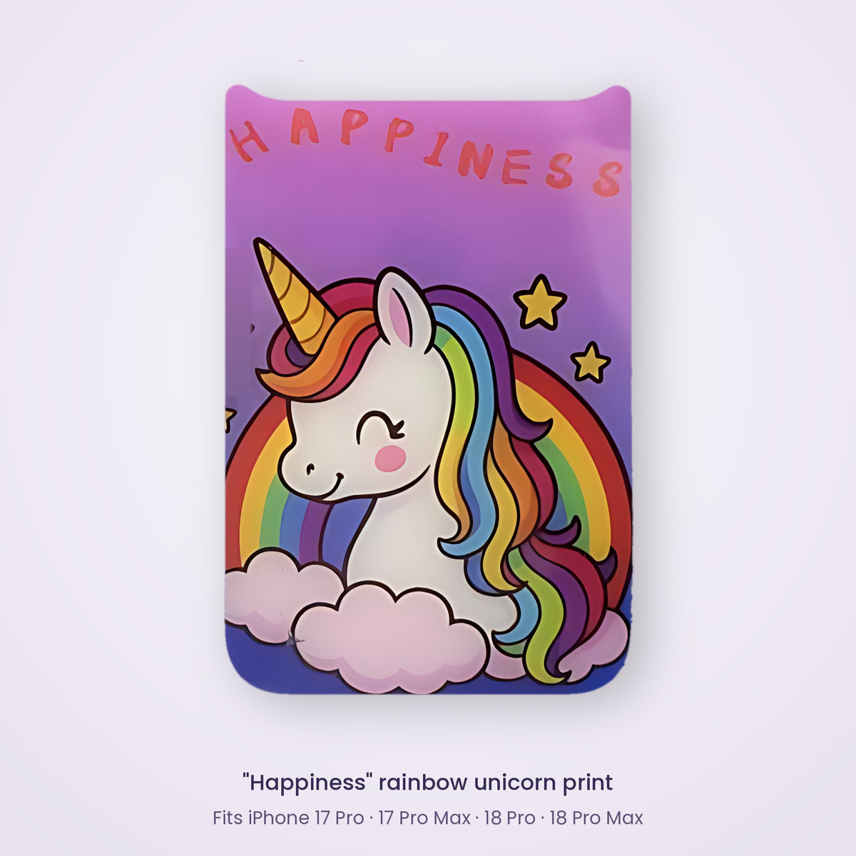 Close-up of Happiness rainbow unicorn print – CaseCart