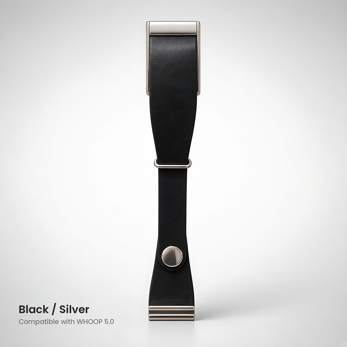 Black leather-look snap strap with silver hardware, compatible with WHOOP 5.0 – CaseCart