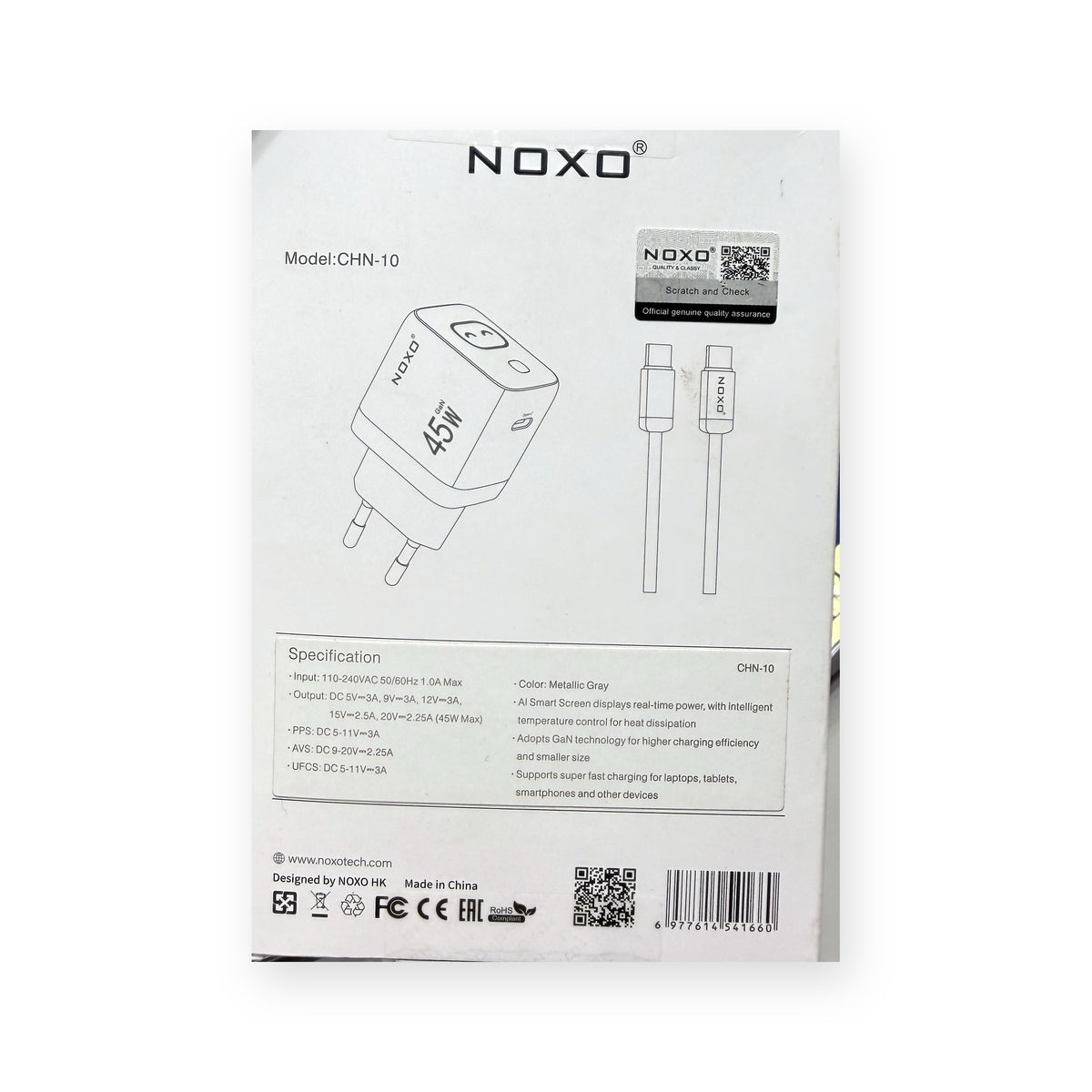 NOXO CHN-10 45W GaN Charger – box back with specifications
