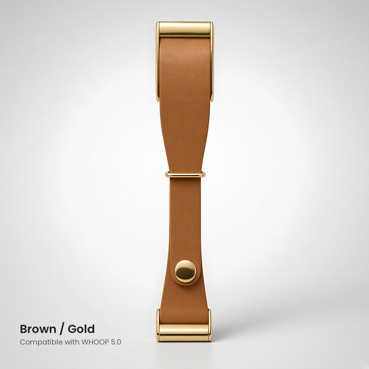 Brown leather-look snap strap with gold hardware, compatible with WHOOP 5.0 – CaseCart