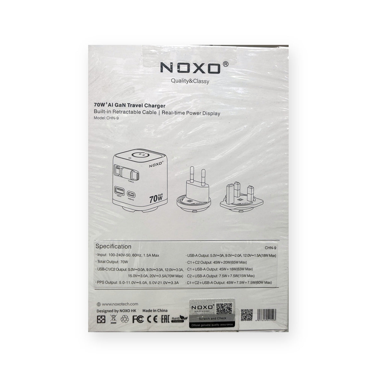 NOXO CHN-9 70W GaN Travel Charger – box back with specifications