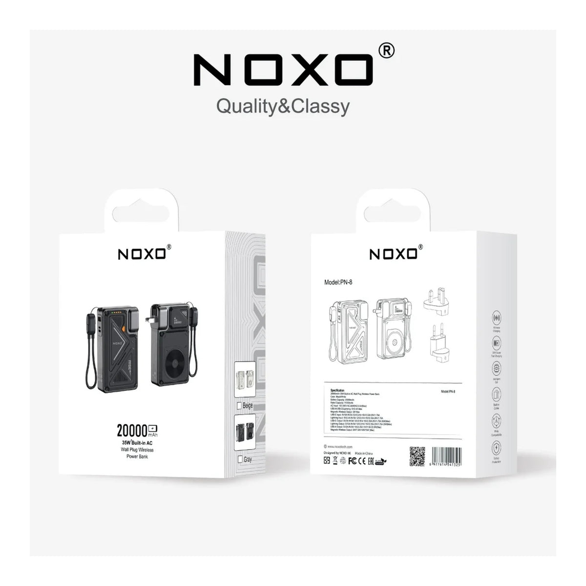 NOXO PN-8 20000mAh Wall Plug Wireless Power Bank – retail box front and back