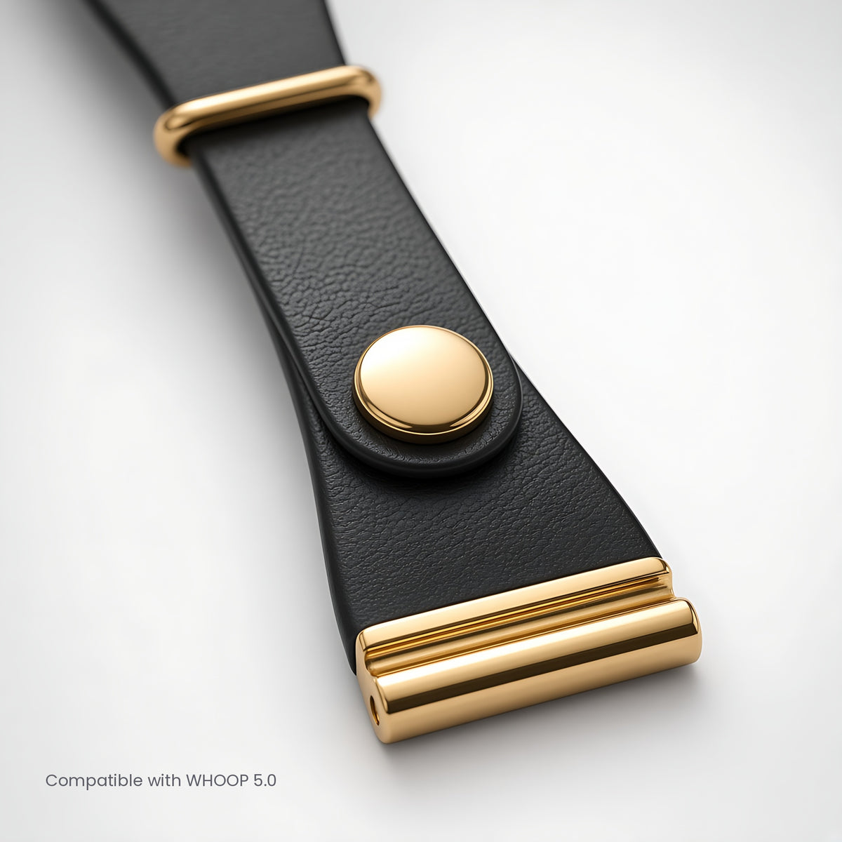 Close-up of snap button and end connector on leather-look strap compatible with WHOOP 5.0 – CaseCart