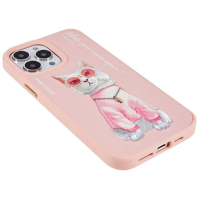 iPhone 15 Plus Nimmy Embroidery Leather Shockproof Case - Pink Cat