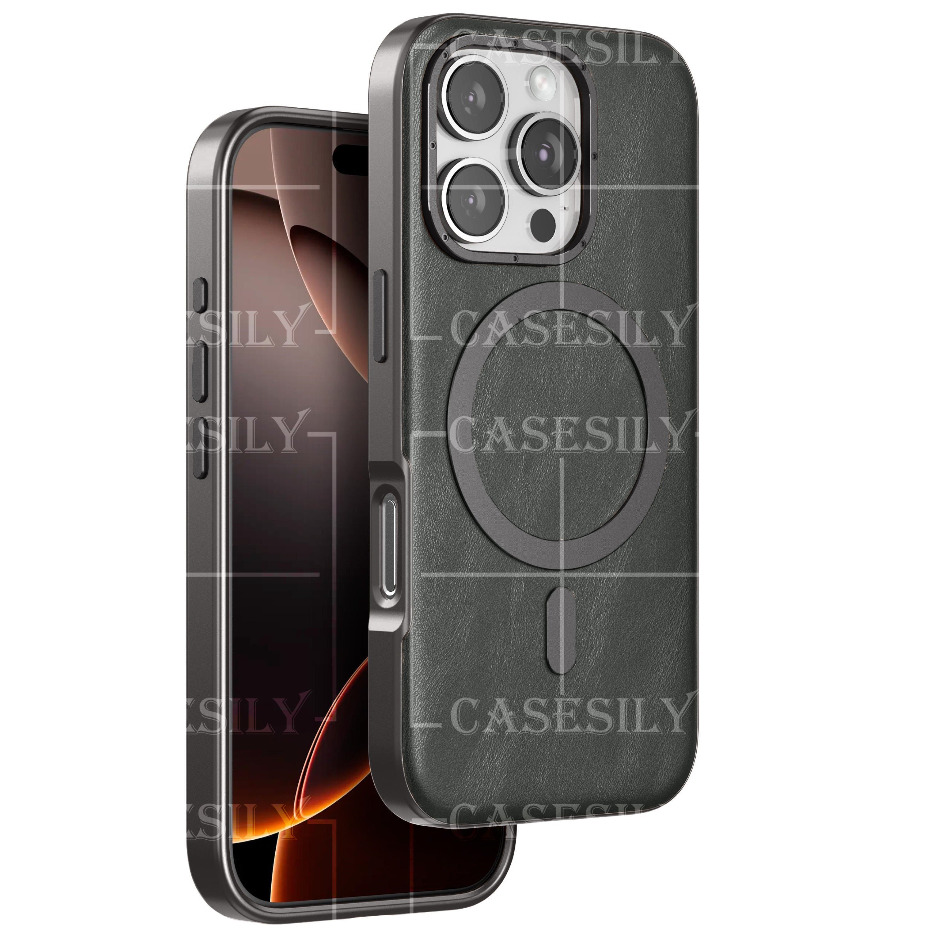 iPhone 16 Pro Max Classic Business Series Leather Case with Metal Magsafe Ring - Gray