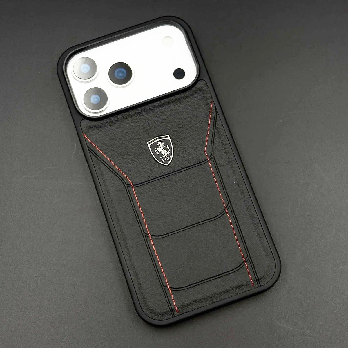 iPhone 17 Pro Max Leather Cover Ferrari Sports Stitched Leather Case - Black