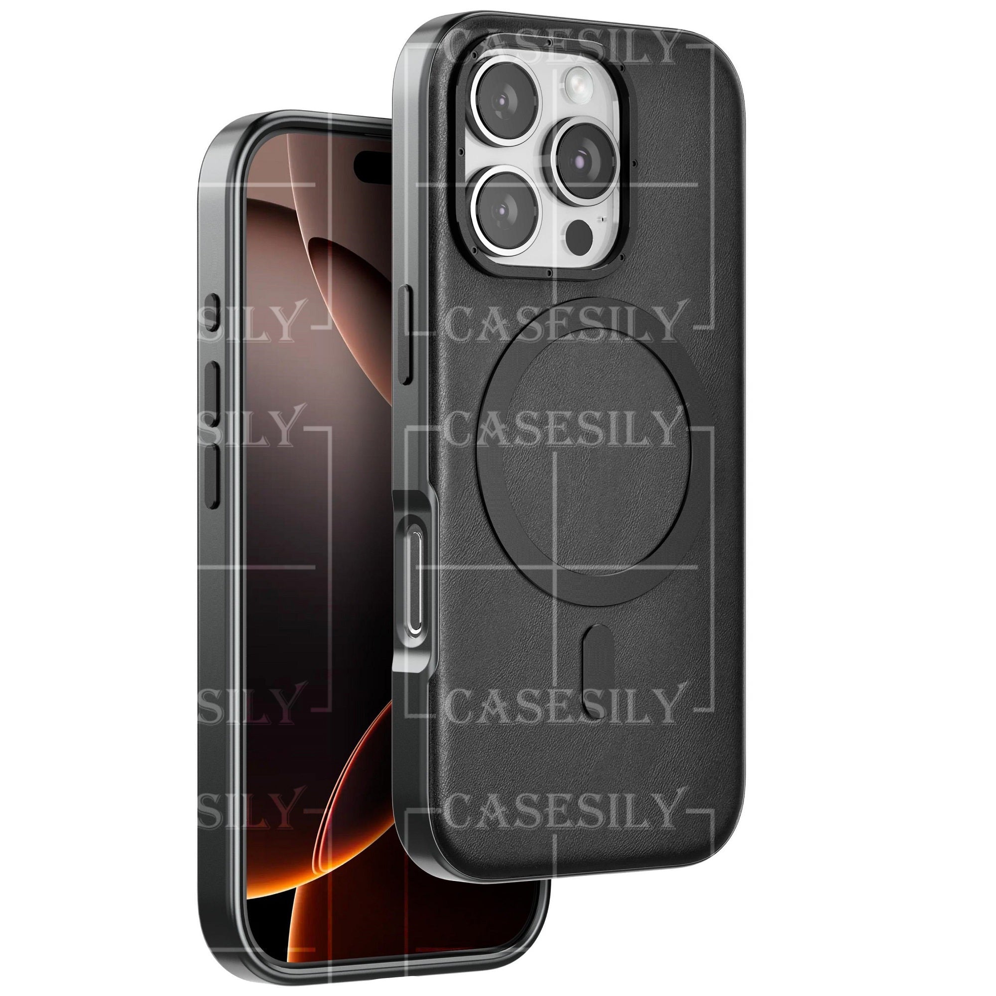 iPhone 16 Pro Max Icon Classic Business Series Leather Case with Metal Magsafe Ring - Black