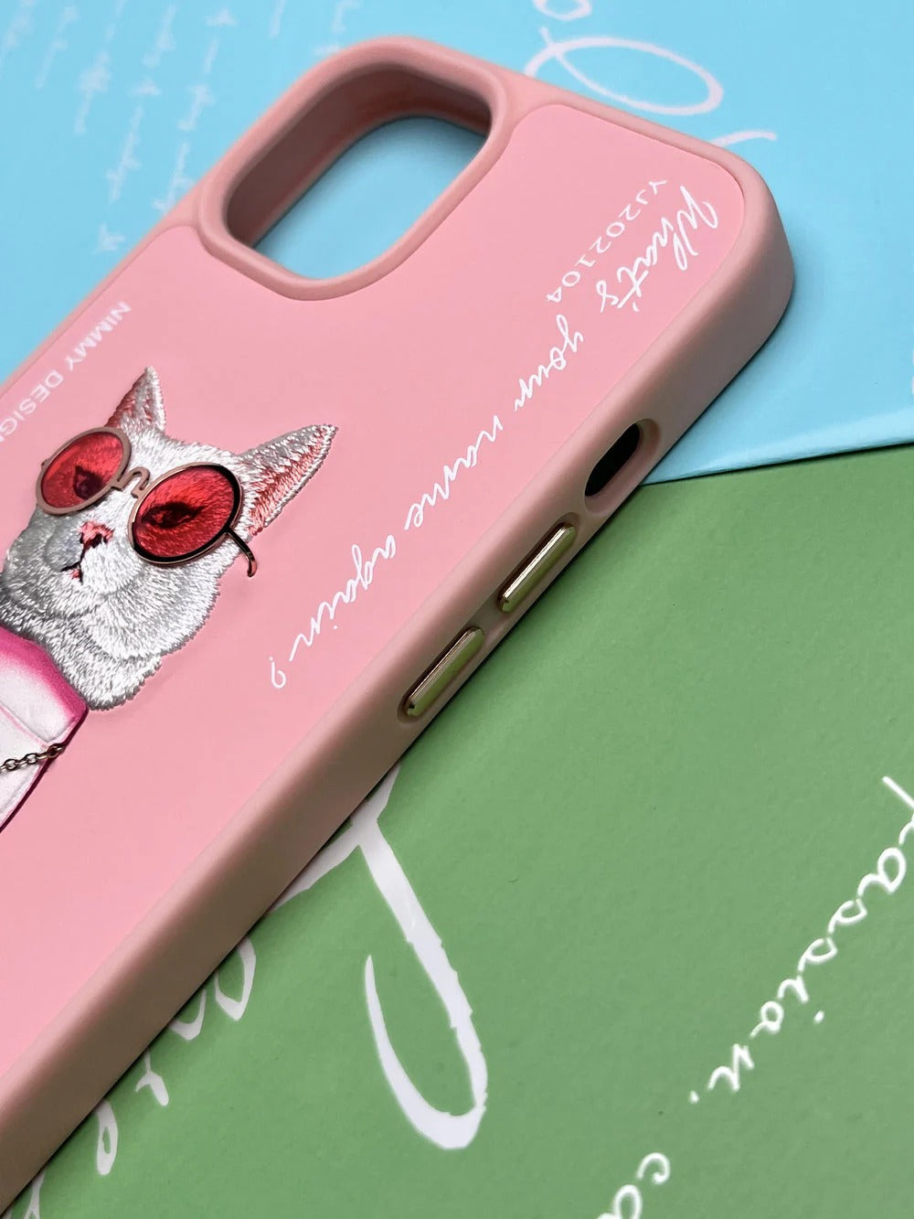 iPhone 15 Plus Nimmy Embroidery Leather Shockproof Case - Pink Cat