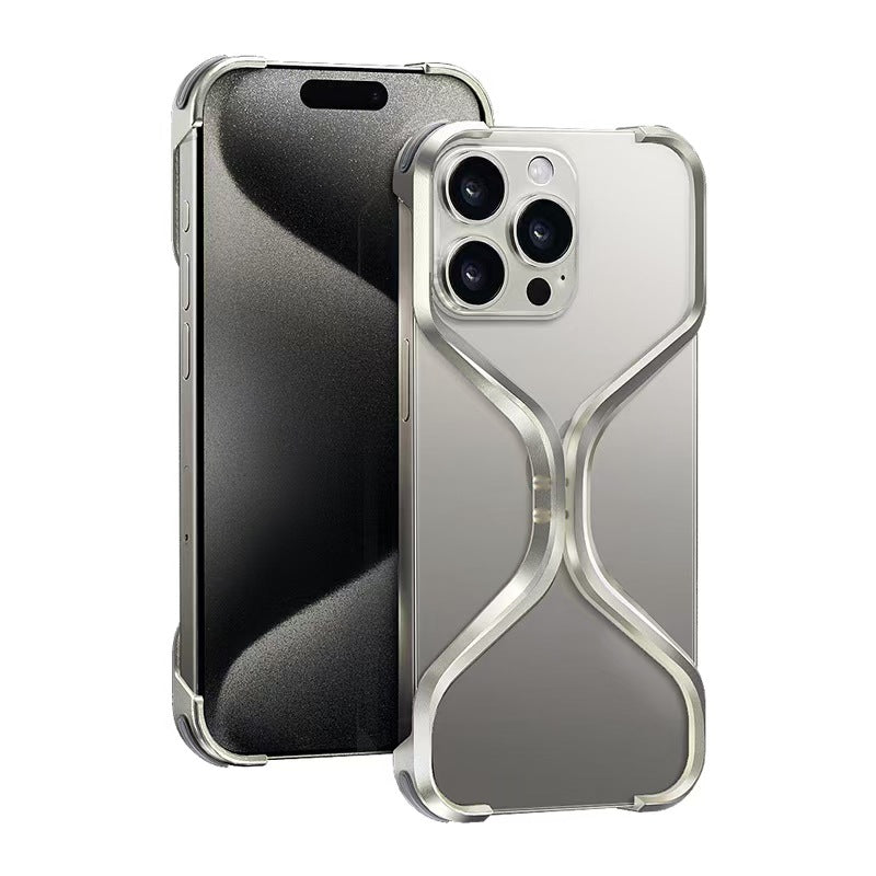 iPhone 15 Pro Max X Shape Metal Case Premium Metal Luxury Aluminum Rimless Case - Titanium