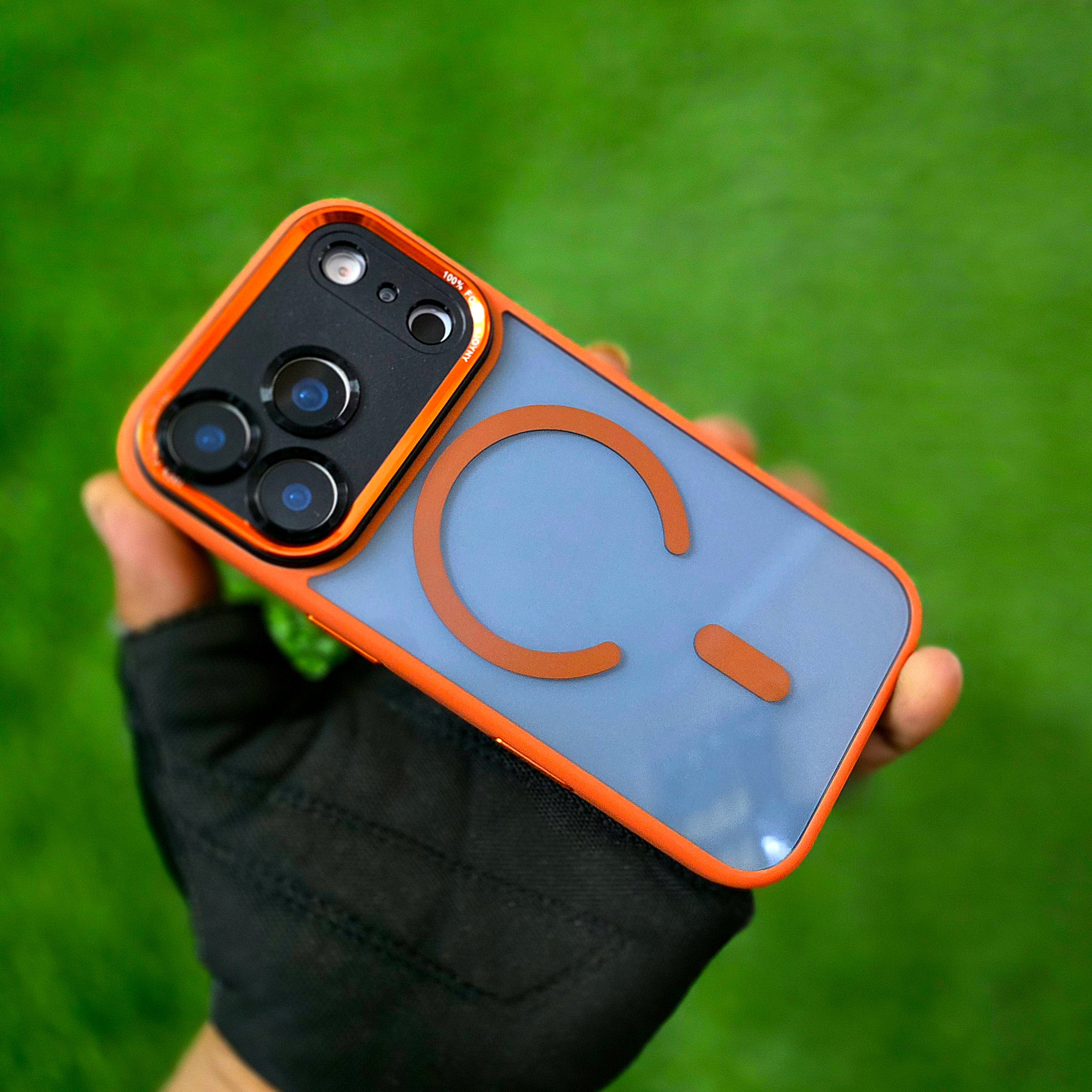 iPhone 17 Pro Max Semi Transparent Luxury Metal Lens Frame Cover with Magsafe - Orange