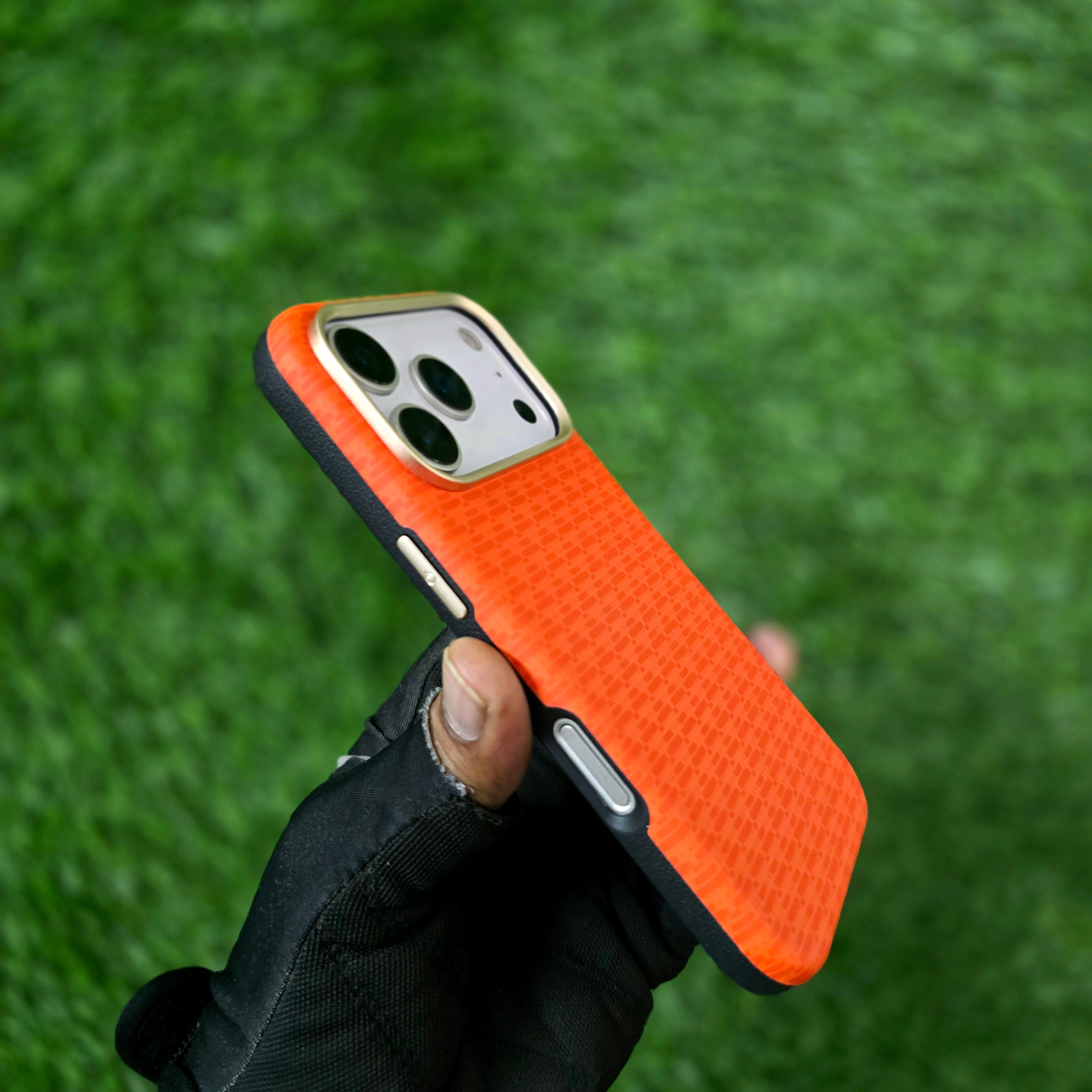 iPhone 17 Pro Max Carbon Cover, SIBLING Series Case with Metal Camera Protection - Orange