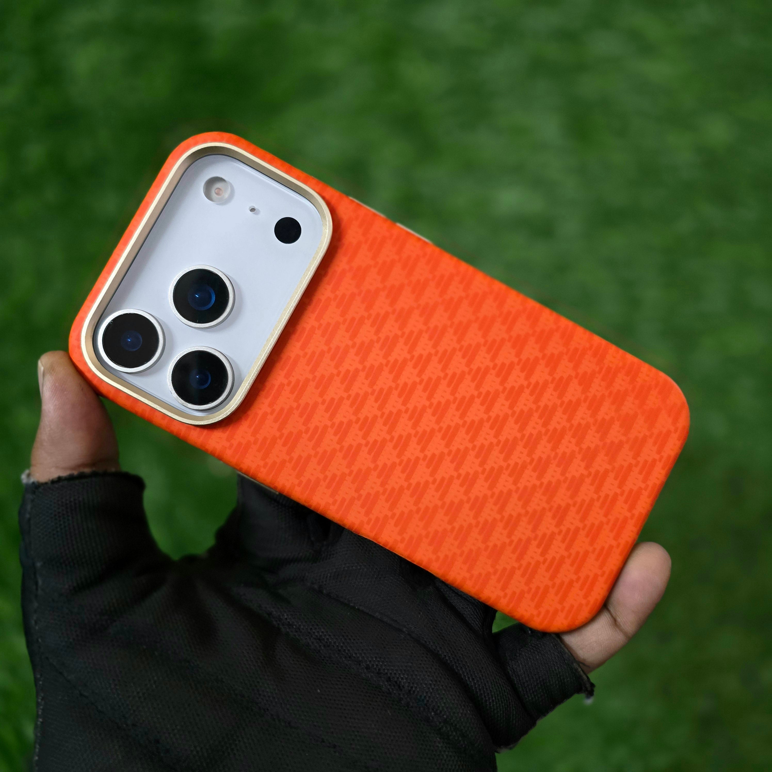 iPhone 17 Pro Max Carbon Cover, SIBLING Series Case with Metal Camera Protection - Orange