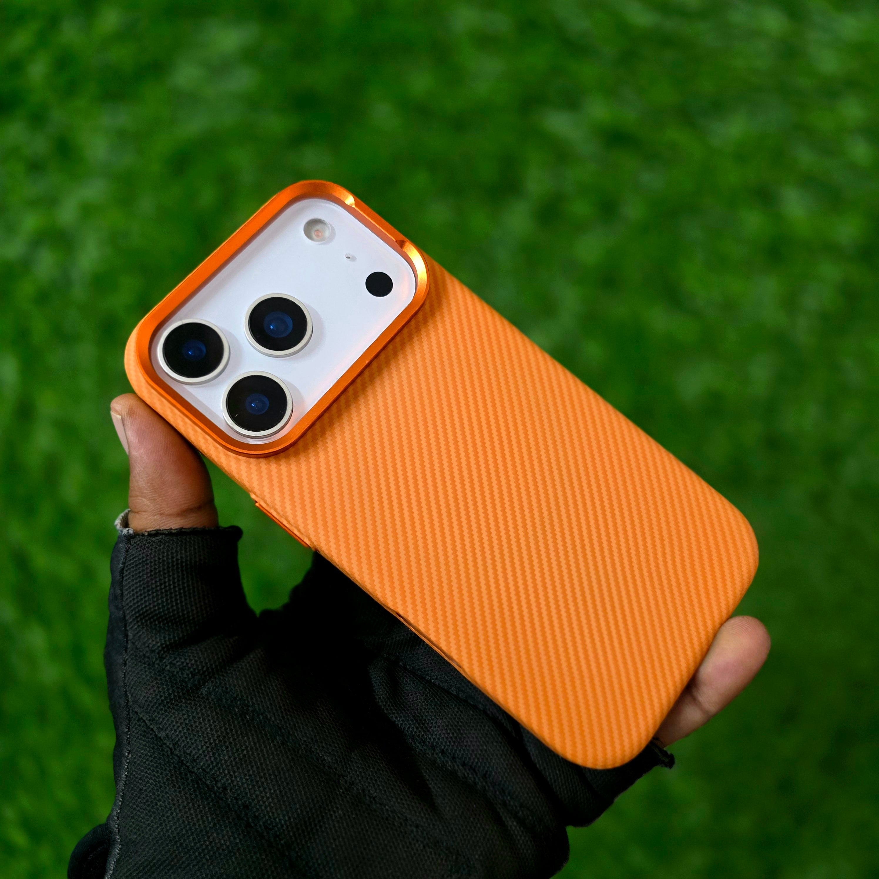 iPhone 17 Pro Carbon Case, 600D Carbon Fiber Texture Hard PC with Magsafe - Orange