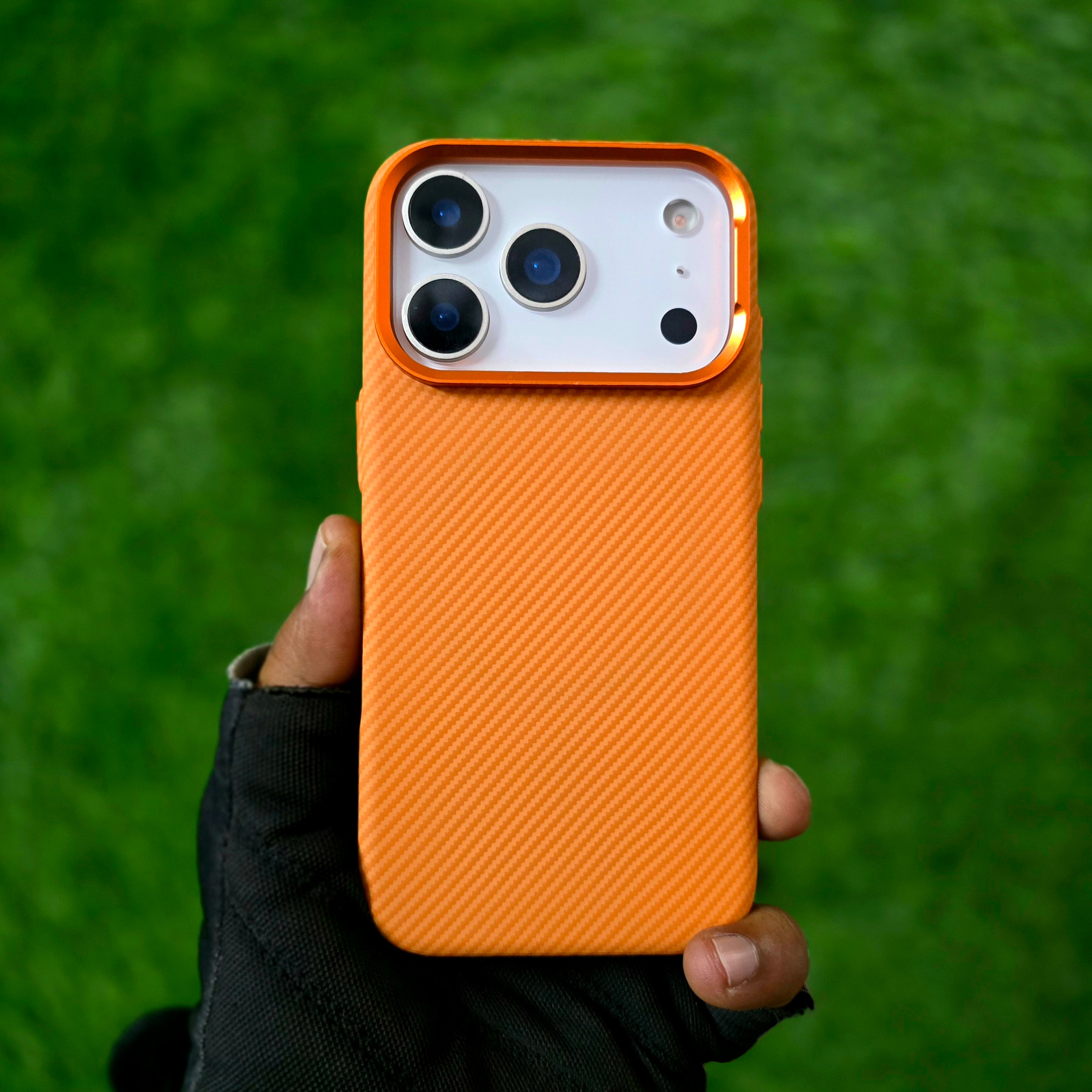 iPhone 17 Pro Max Carbon Case, 600D Carbon Fiber Texture Hard PC with Magsafe - Orange