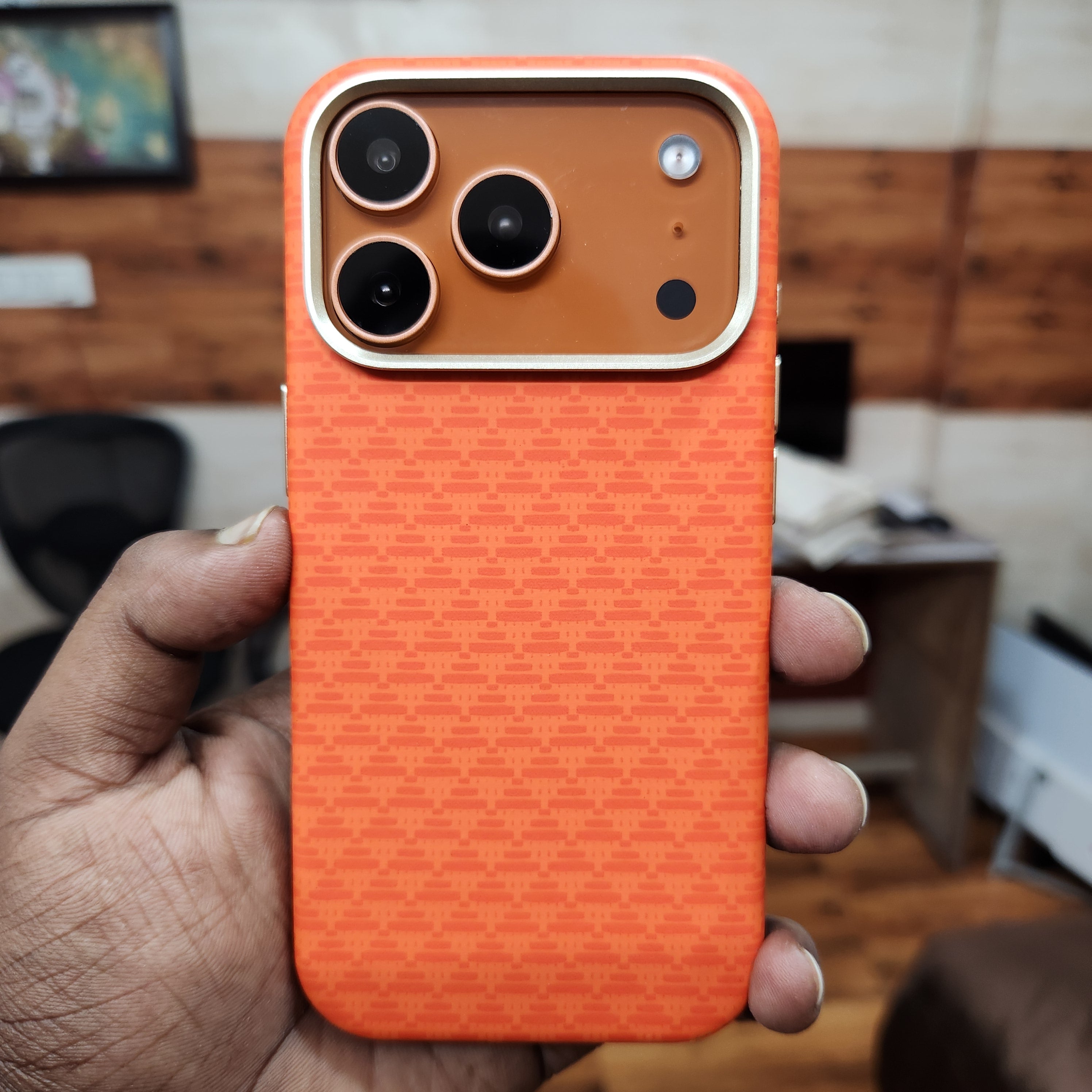 iPhone 17 Pro Sibling Series Sleek Cross Texture Case with Metal Camera Protection - Orange