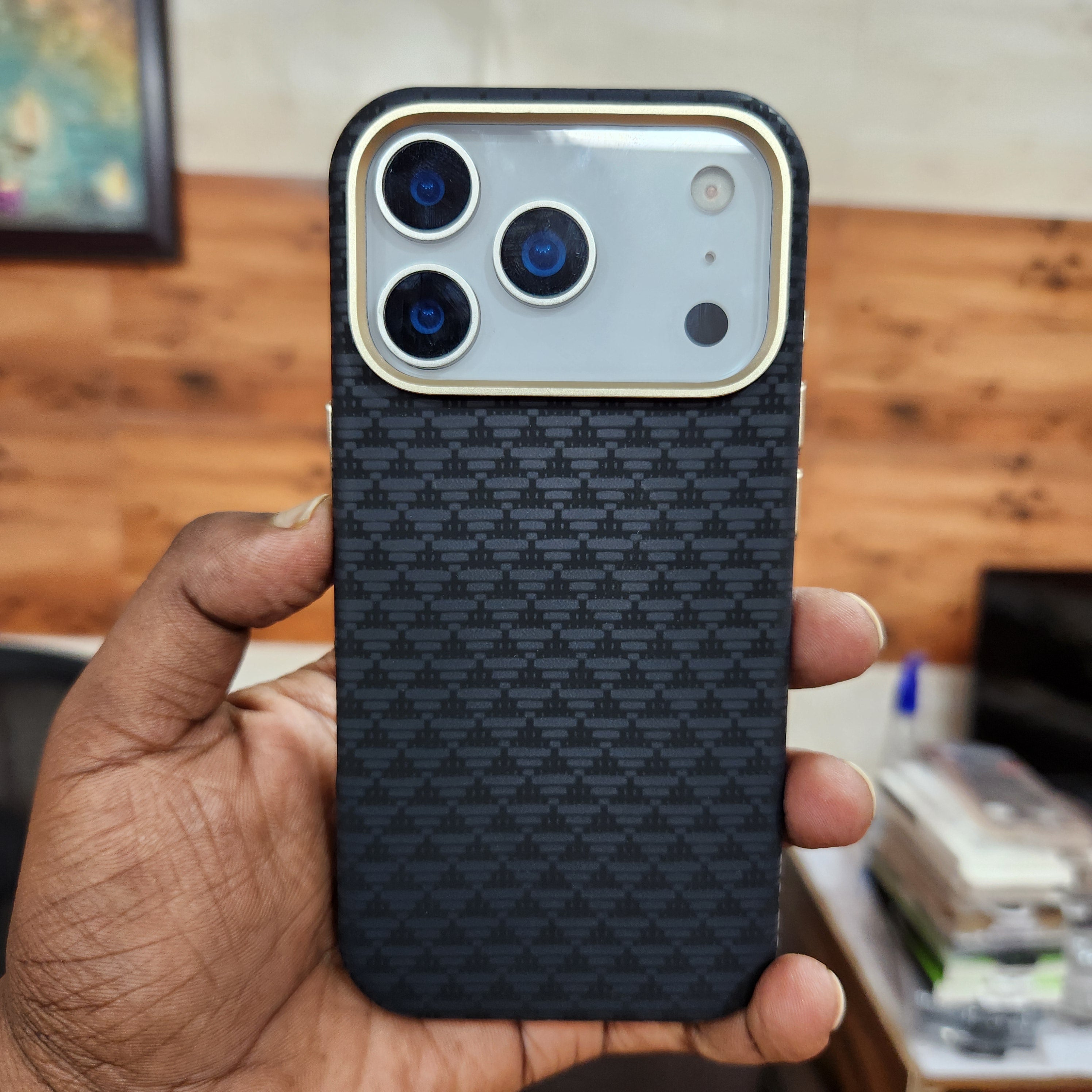 iPhone 17 Pro Sibling Series Sleek Cross Texture Case with Metal Camera Protection - Black