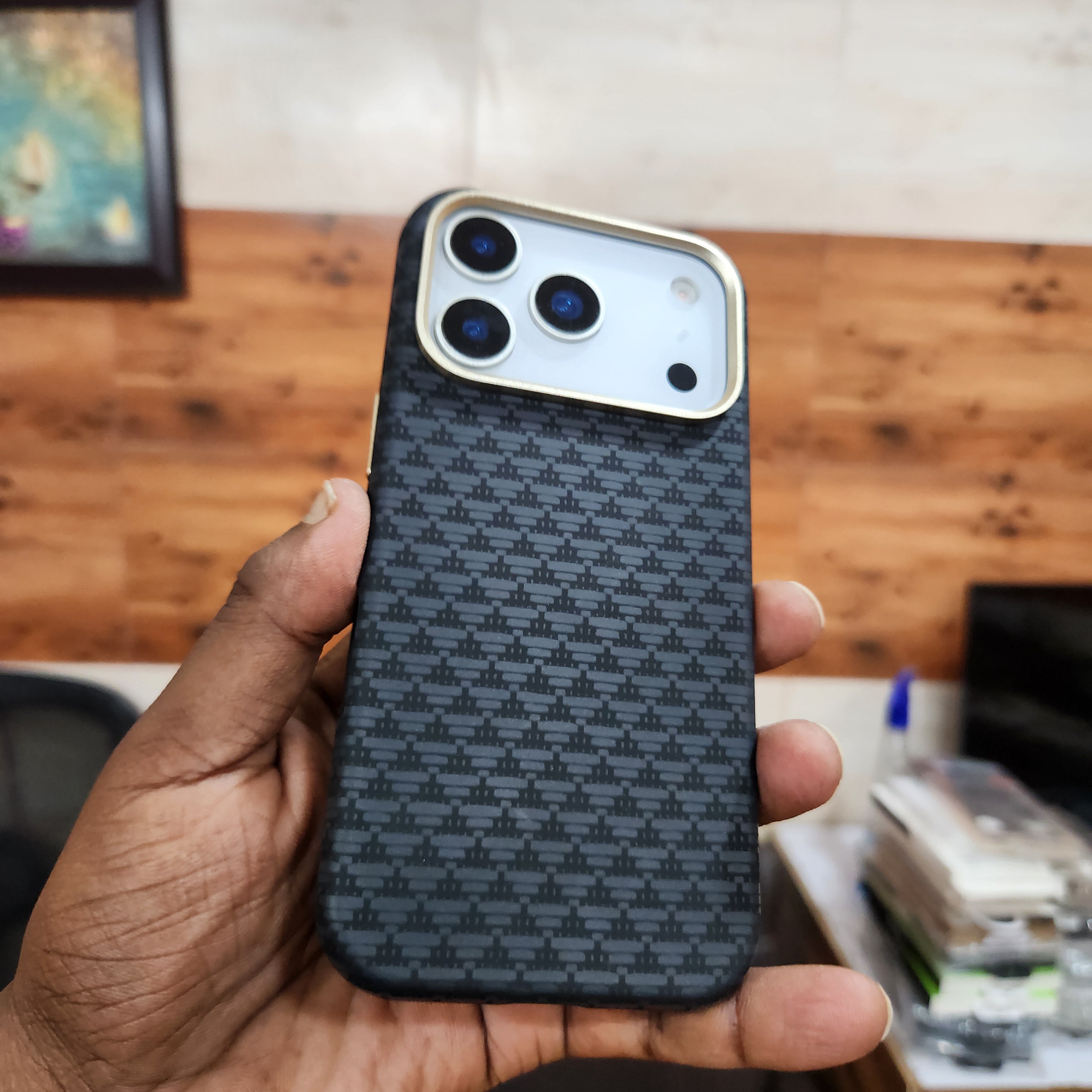 iPhone 17 Pro Sibling Series Sleek Cross Texture Case with Metal Camera Protection - Black