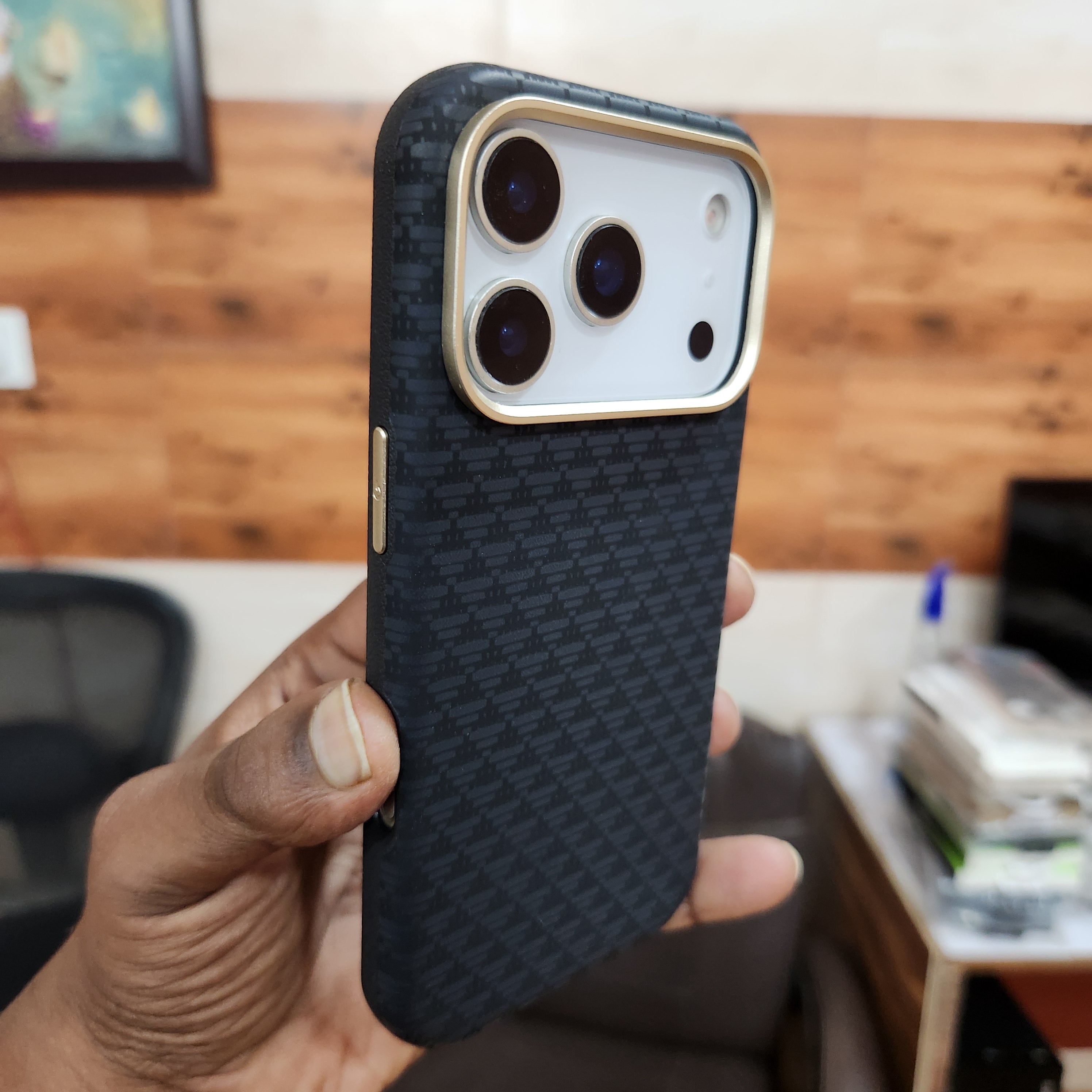 iPhone 17 Pro Sibling Series Sleek Cross Texture Case with Metal Camera Protection - Black