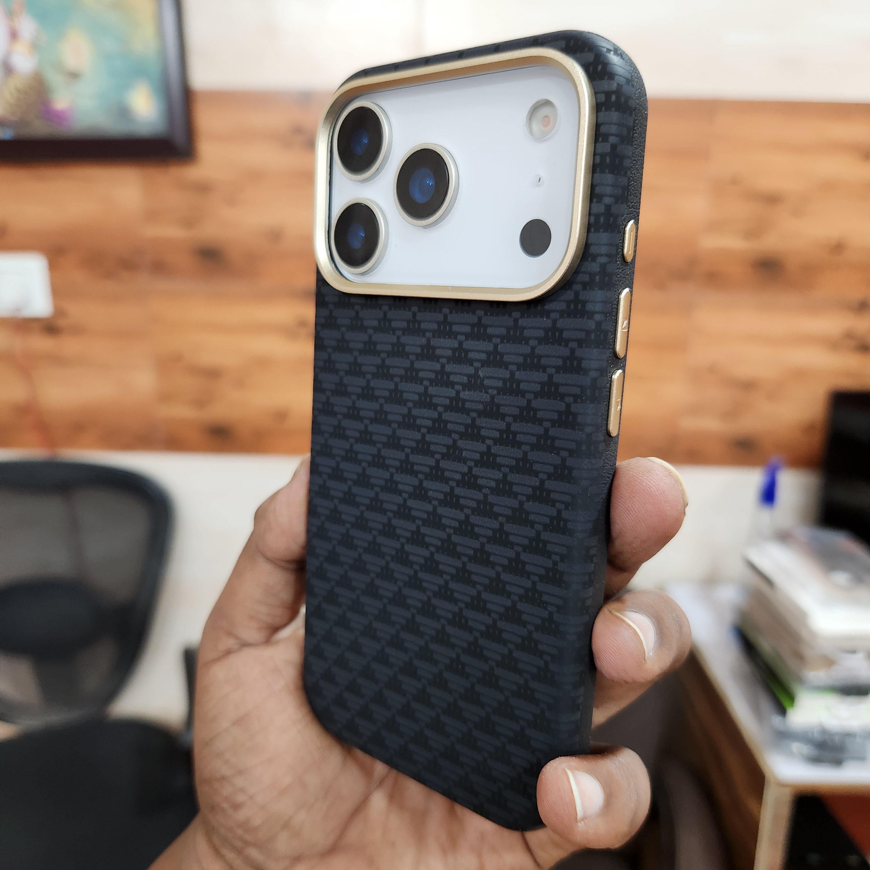 iPhone 17 Pro Sibling Series Sleek Cross Texture Case with Metal Camera Protection - Black