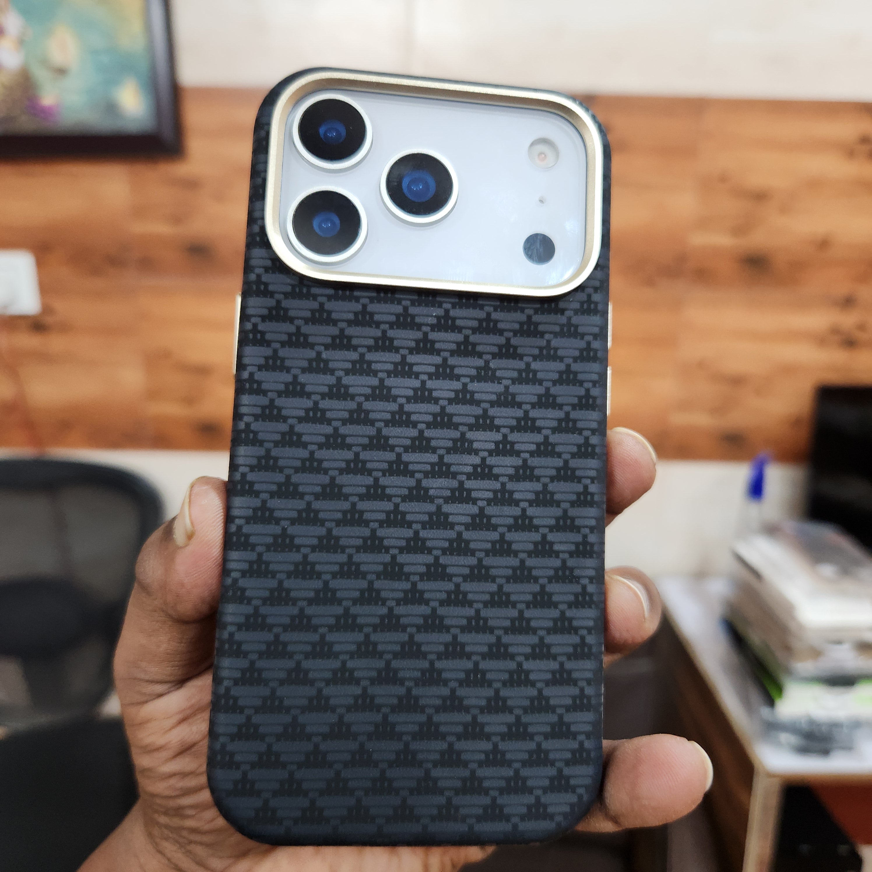 iPhone 17 Pro Sibling Series Sleek Cross Texture Case with Metal Camera Protection - Black