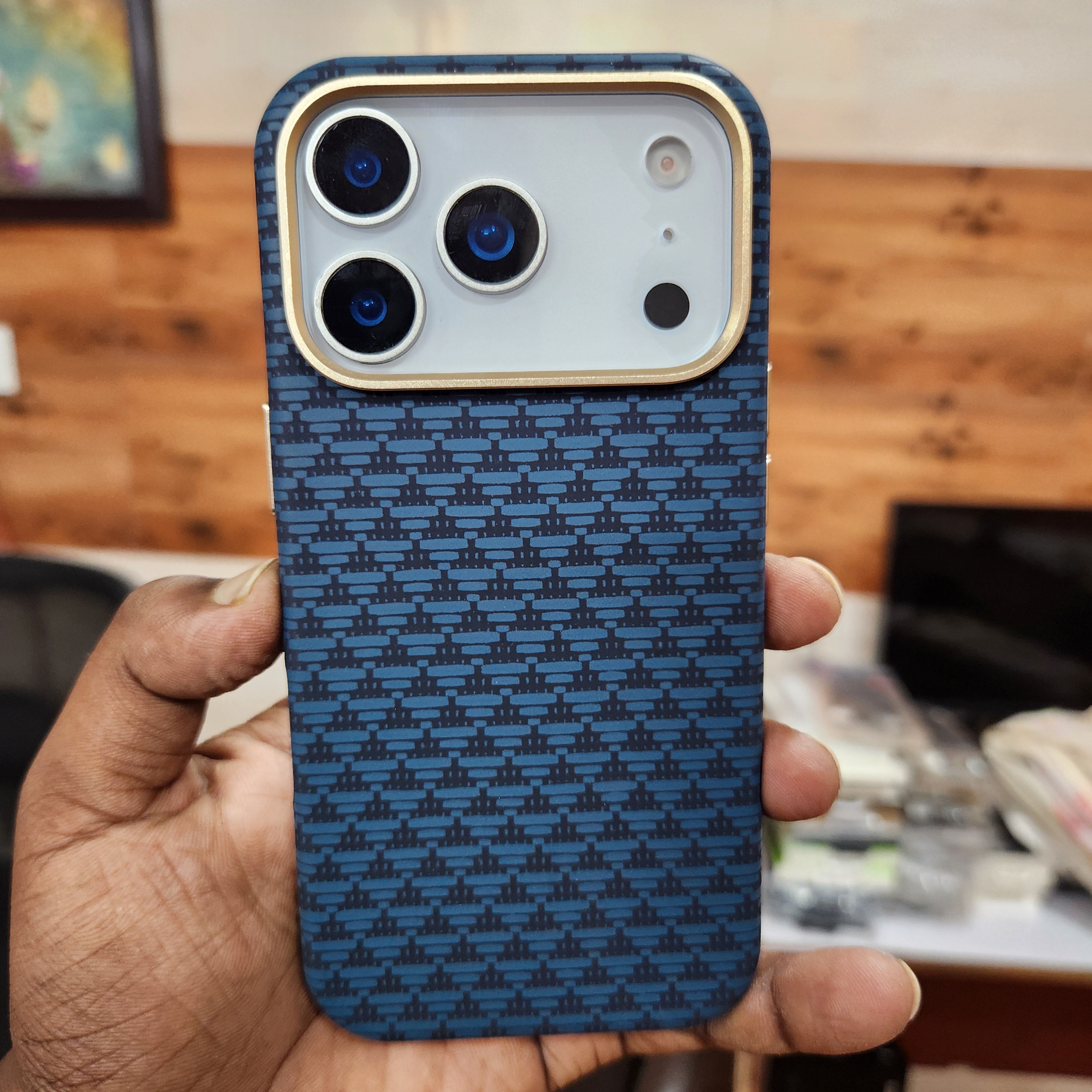 iPhone 17 Pro Sibling Series Sleek Cross Texture Case with Metal Camera Protection - Blue