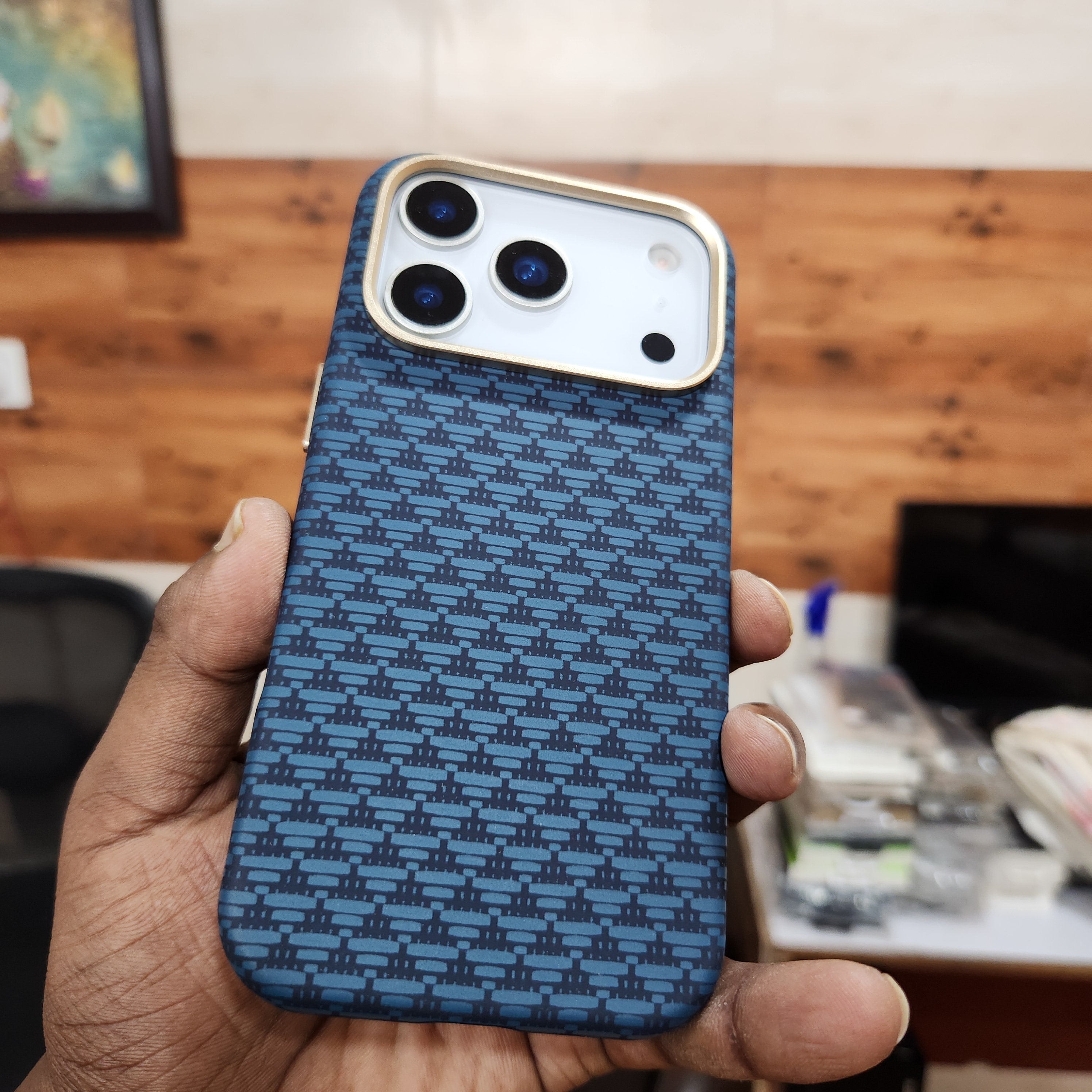 iPhone 17 Pro Sibling Series Sleek Cross Texture Case with Metal Camera Protection - Blue