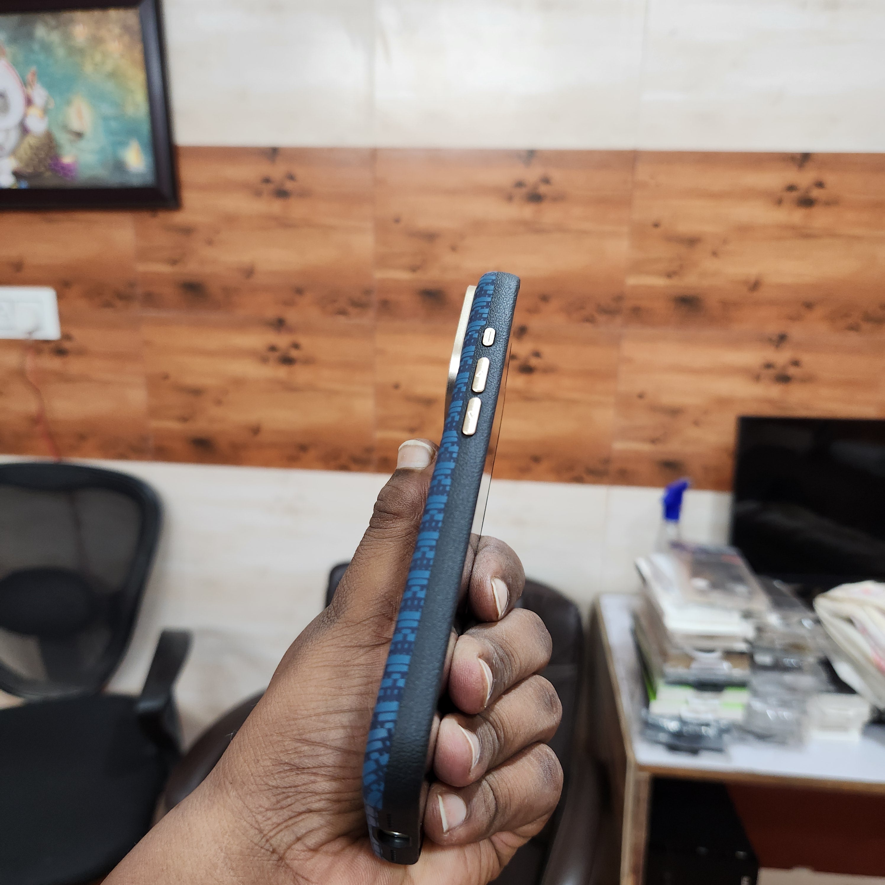 iPhone 17 Pro Max Sibling Series Sleek Cross Texture Case with Metal Camera Protection - Blue