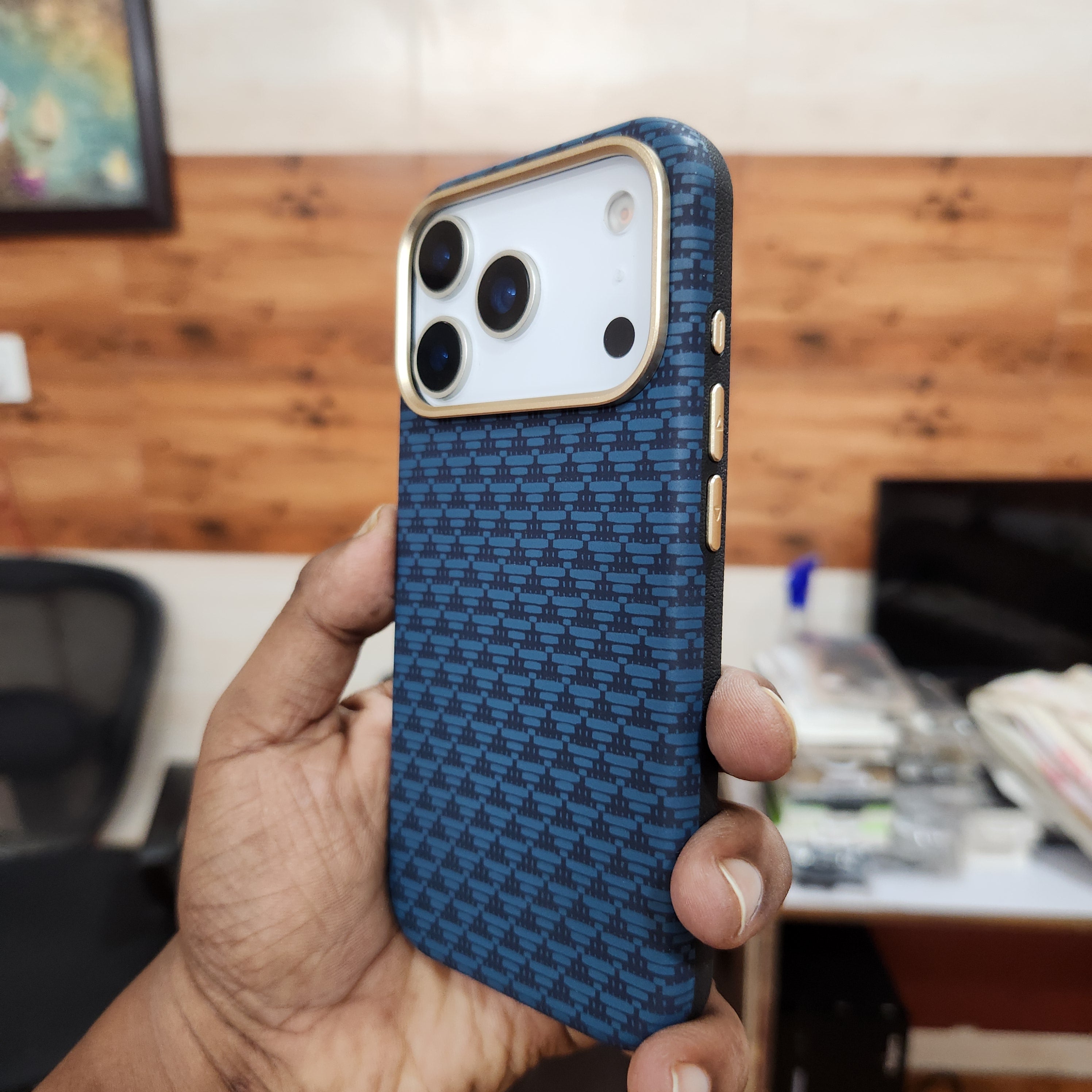 iPhone 17 Pro Max Sibling Series Sleek Cross Texture Case with Metal Camera Protection - Blue