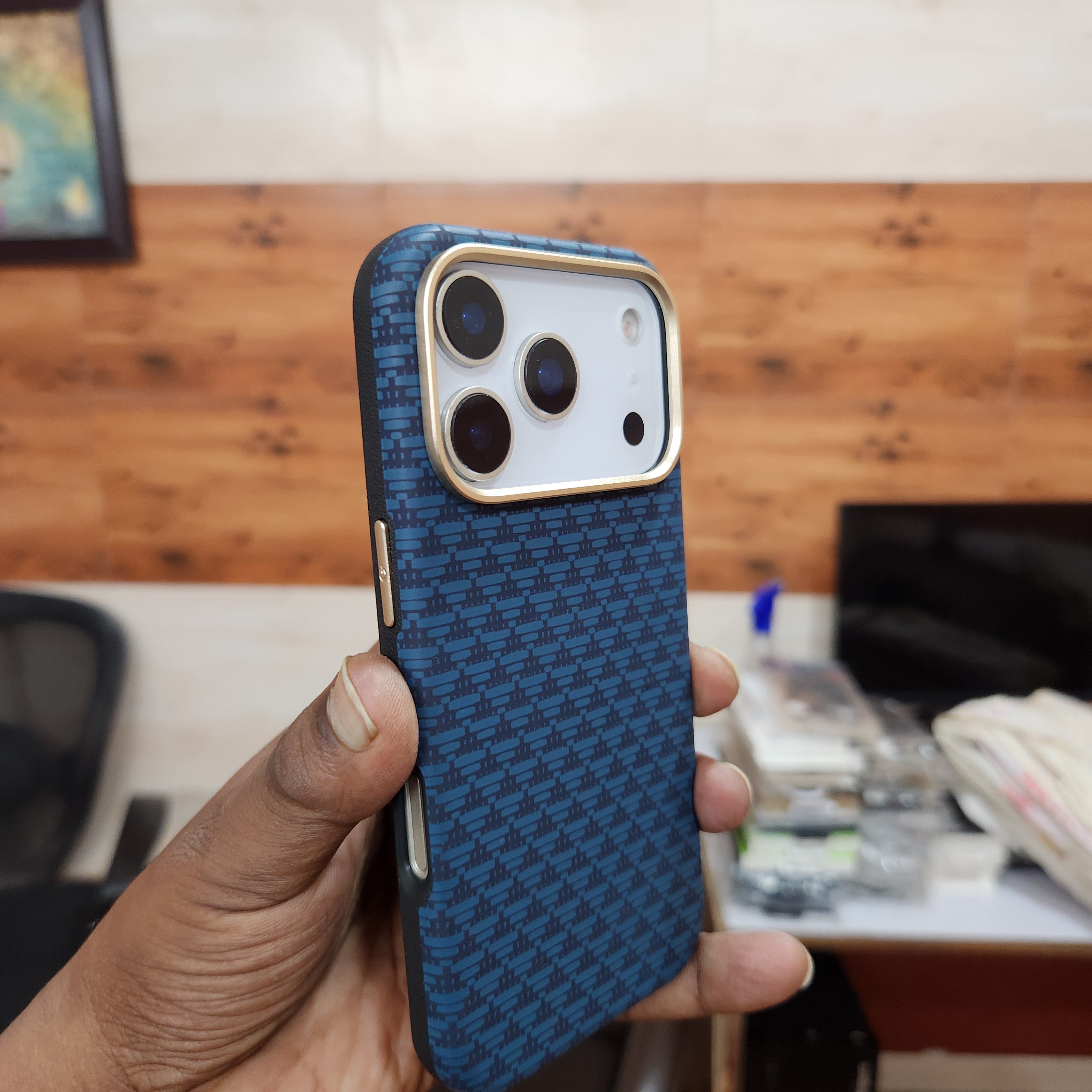 iPhone 17 Pro Max Sibling Series Sleek Cross Texture Case with Metal Camera Protection - Blue