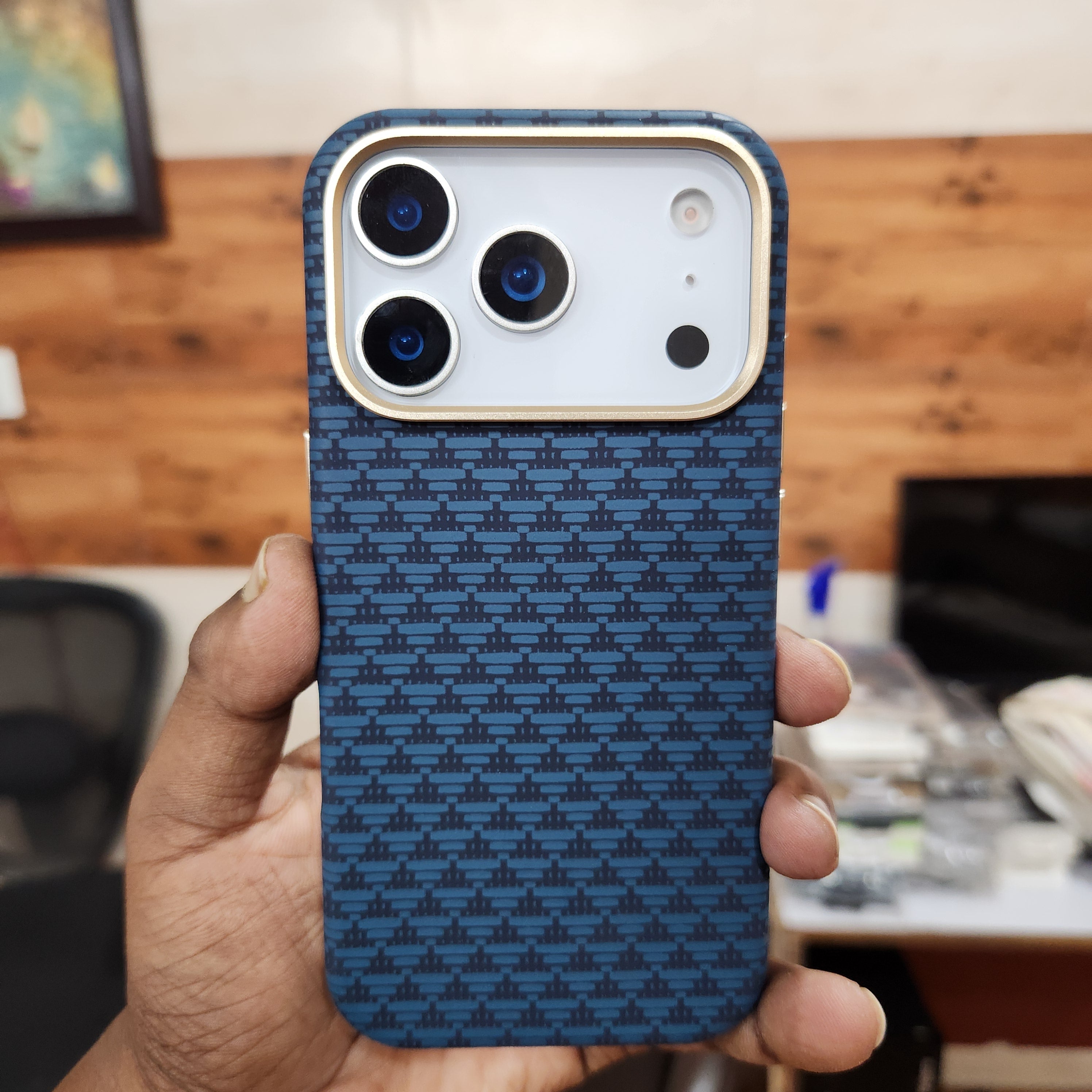 iPhone 17 Pro Sibling Series Sleek Cross Texture Case with Metal Camera Protection - Blue