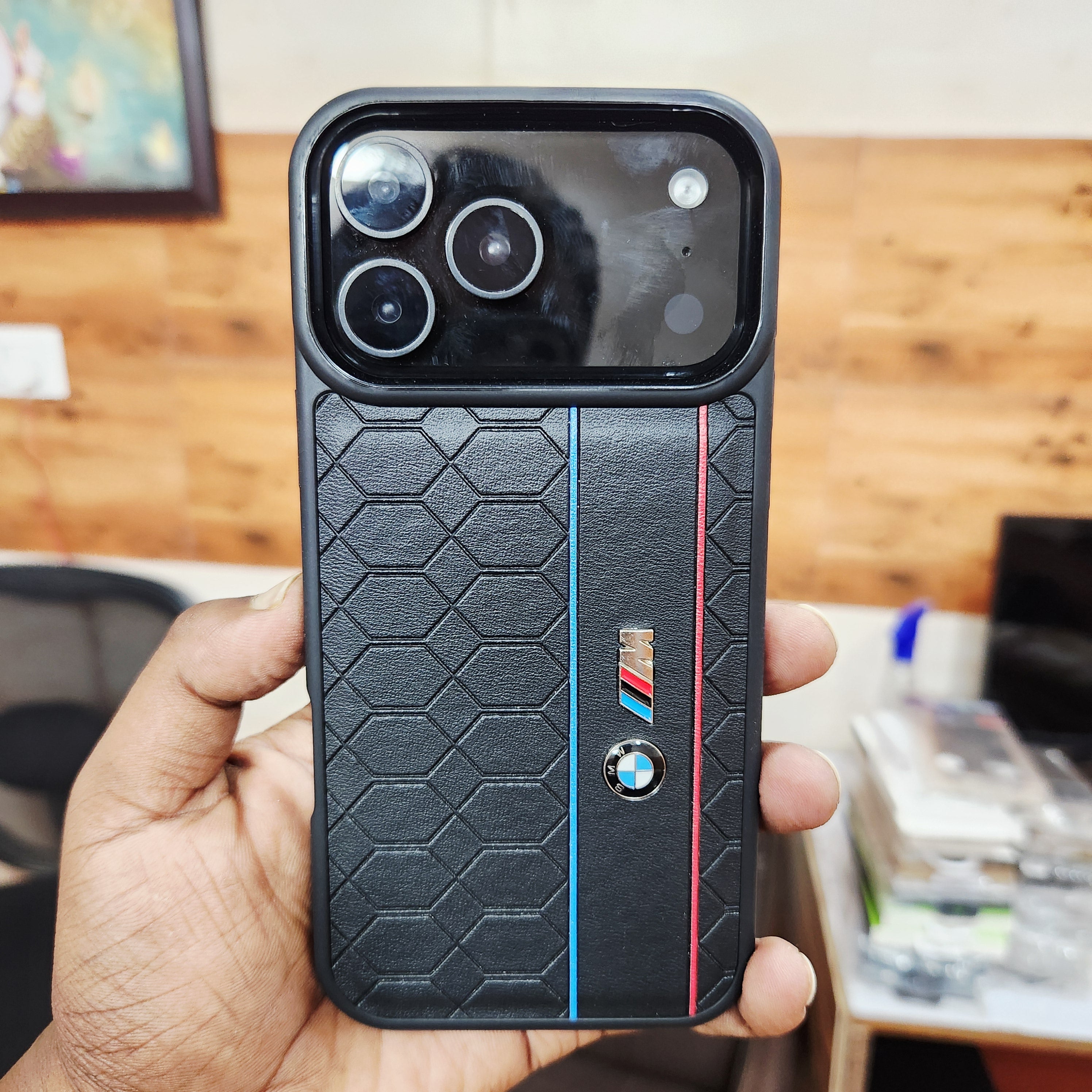 iPhone 17 Pro Max Leather Case with Luxury Sports Car Logo - Black