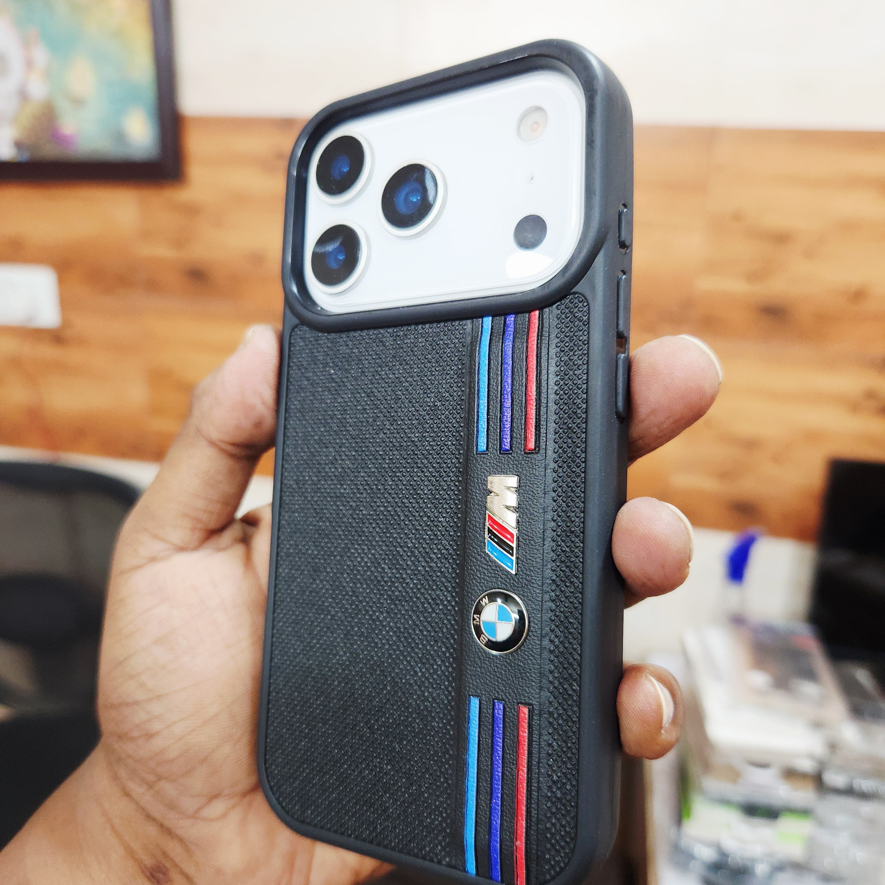 iPhone 17 Pro Leather Case Luxury Dot Pettern with Sports Car Logo - Black