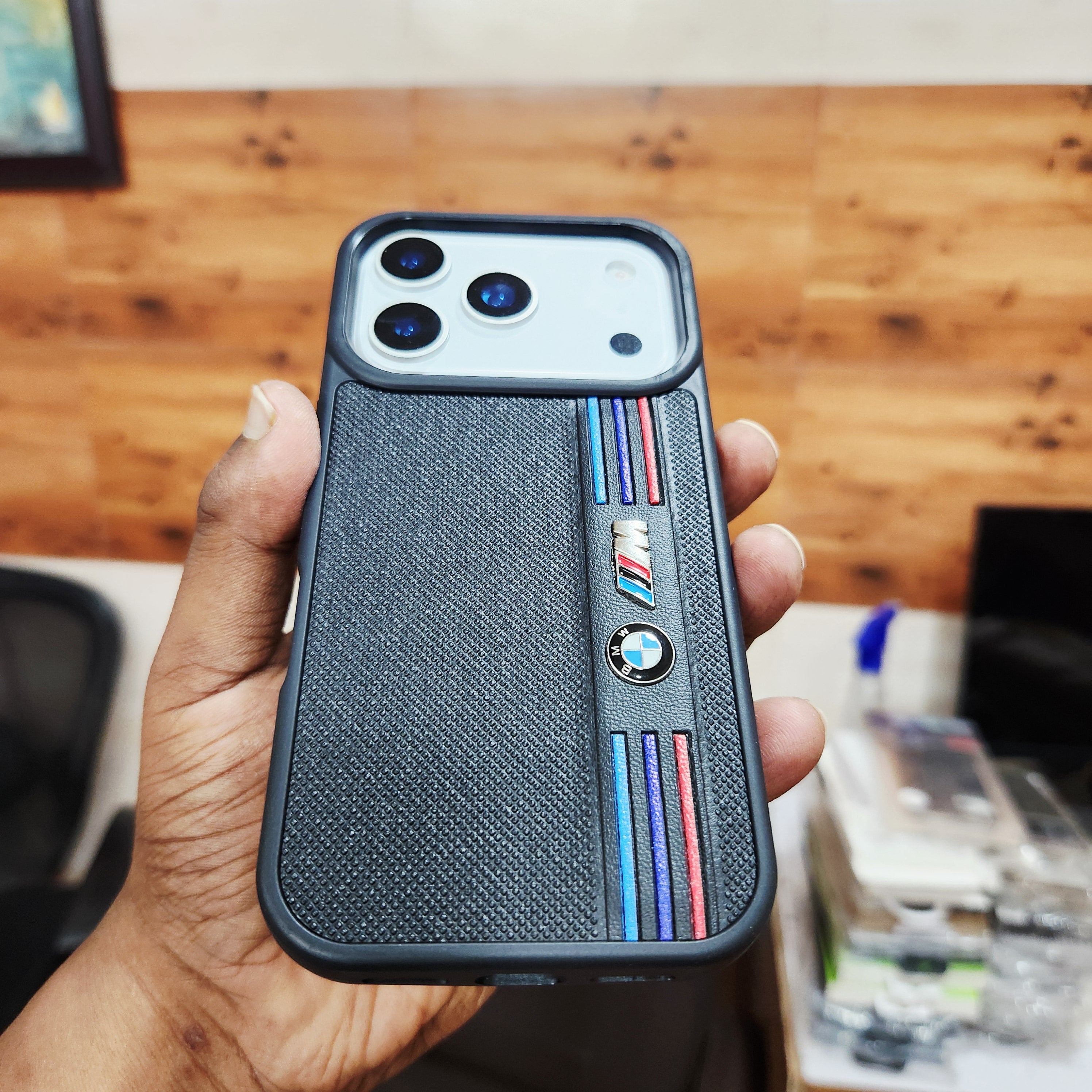 iPhone 17 Pro Leather Case Luxury Dot Pettern with Sports Car Logo - Black