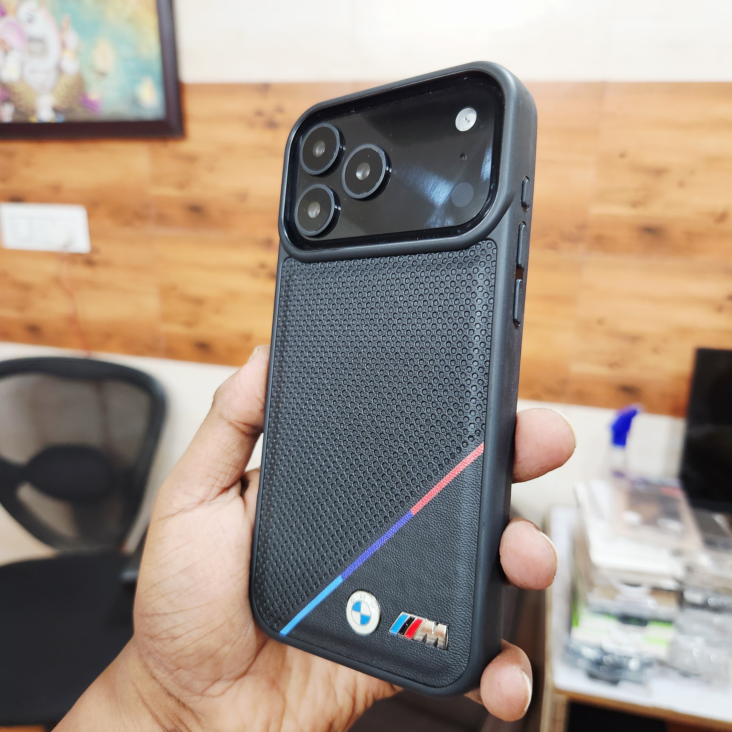 iPhone 17 Pro Max Leather Case Luxury Dot Pettern with Sports Car Logo - Black