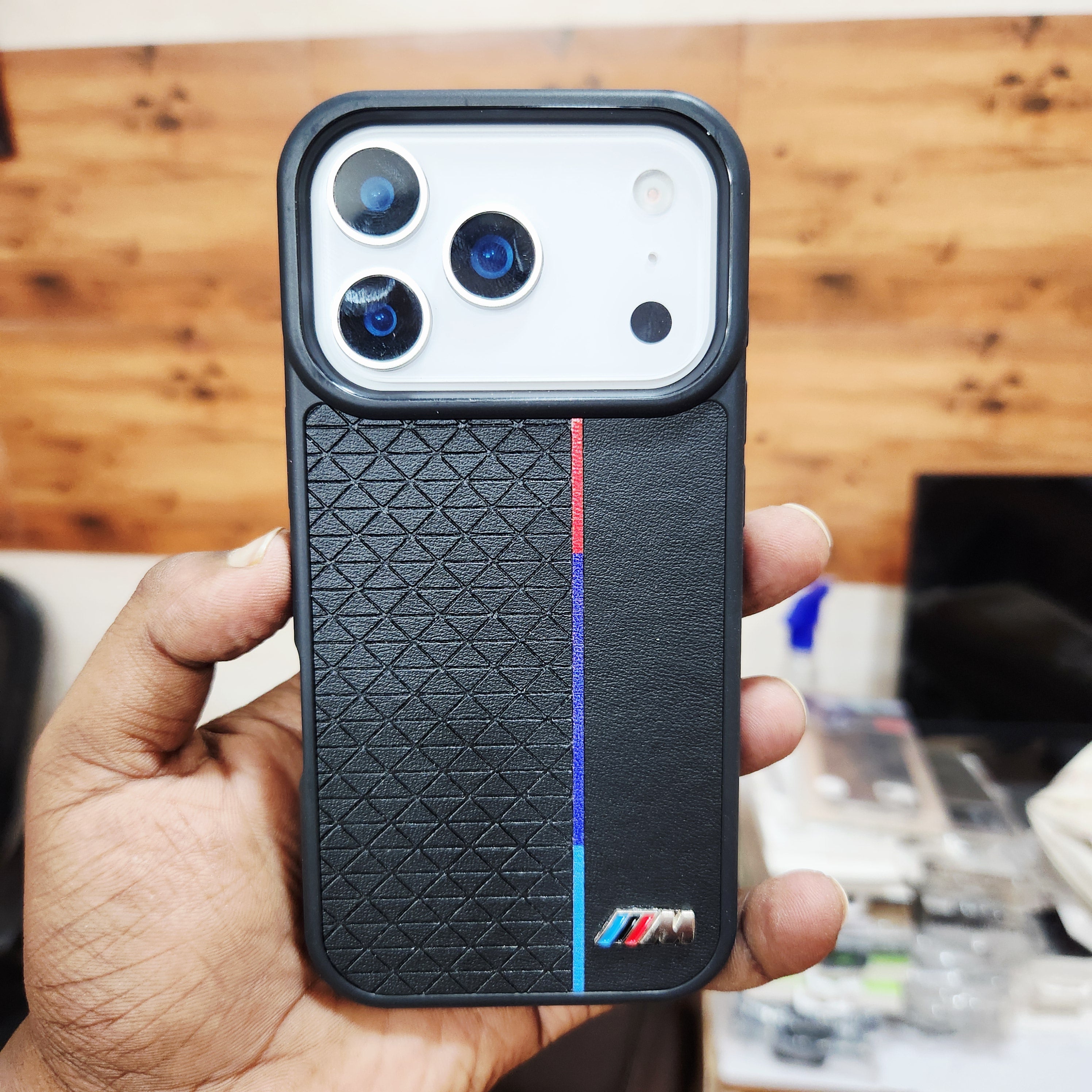 iPhone 17 Pro Back Cover Luxury Sports Car Logo Leather Case - Black