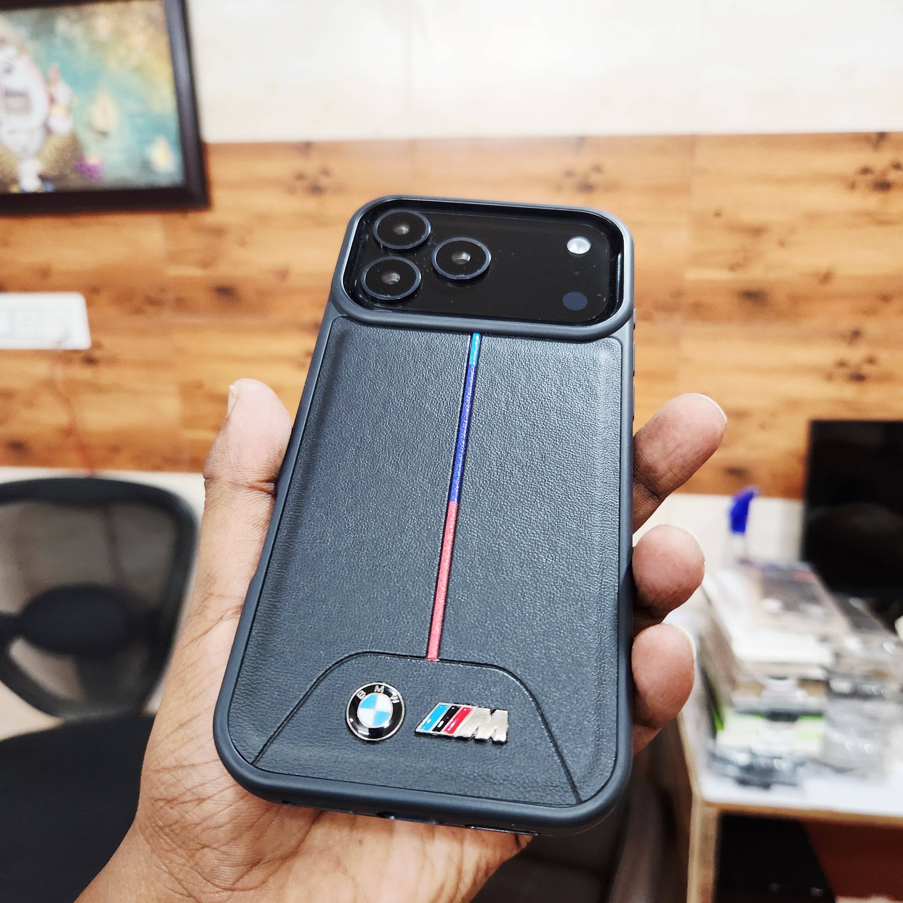 iPhone 17 Pro Max Leather Case with Luxury Sports Car Logo - Black