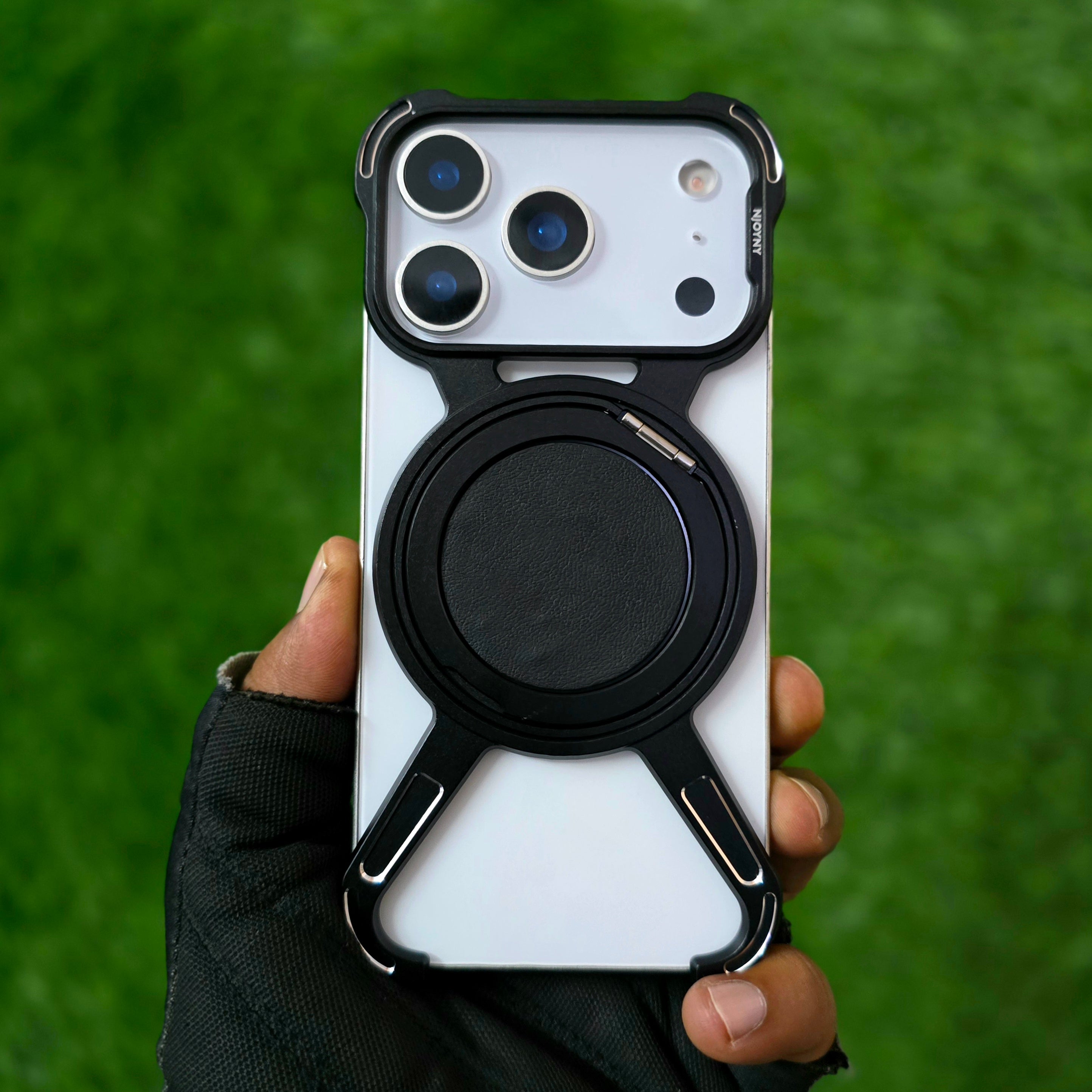 iPhone 17 Pro Max Metal X-Shape Frameless Bumper Case 360° Rotatable Stand with Magsafe - Black