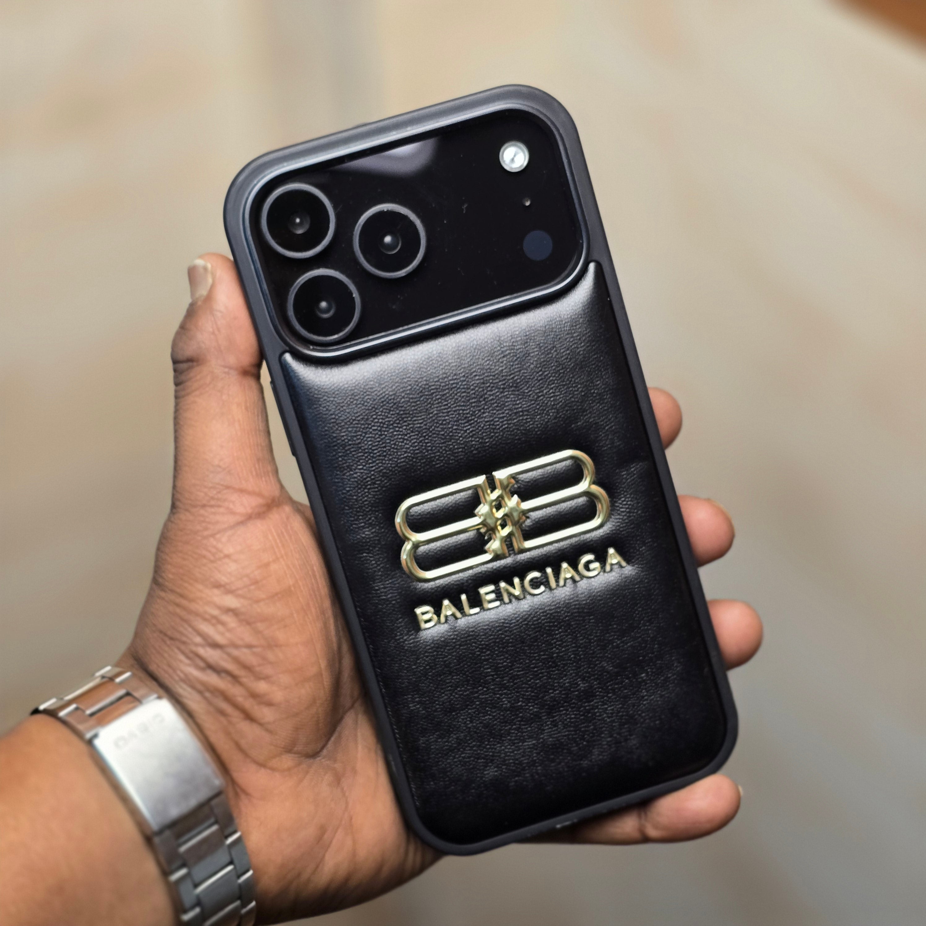 iPhone 17 Pro Max Leather Case Luxury Pattern with Plated Logo - Black