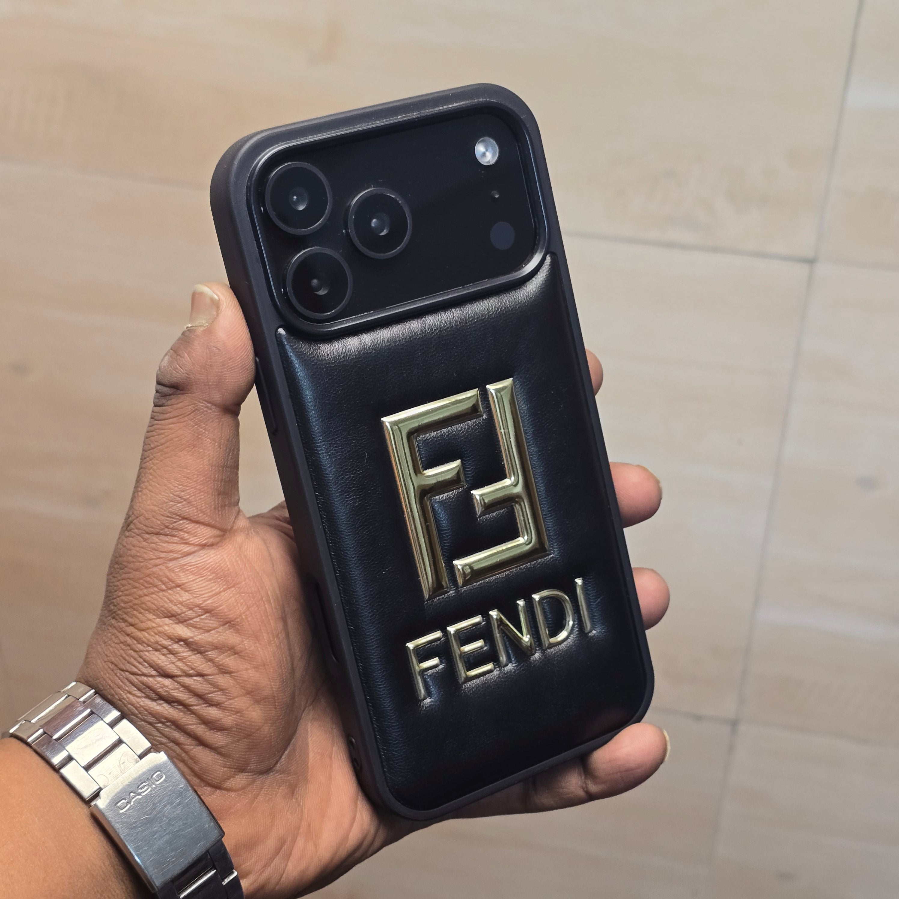 iPhone 17 Pro Max Leather Case Luxury Pattern with Plated Logo - Black