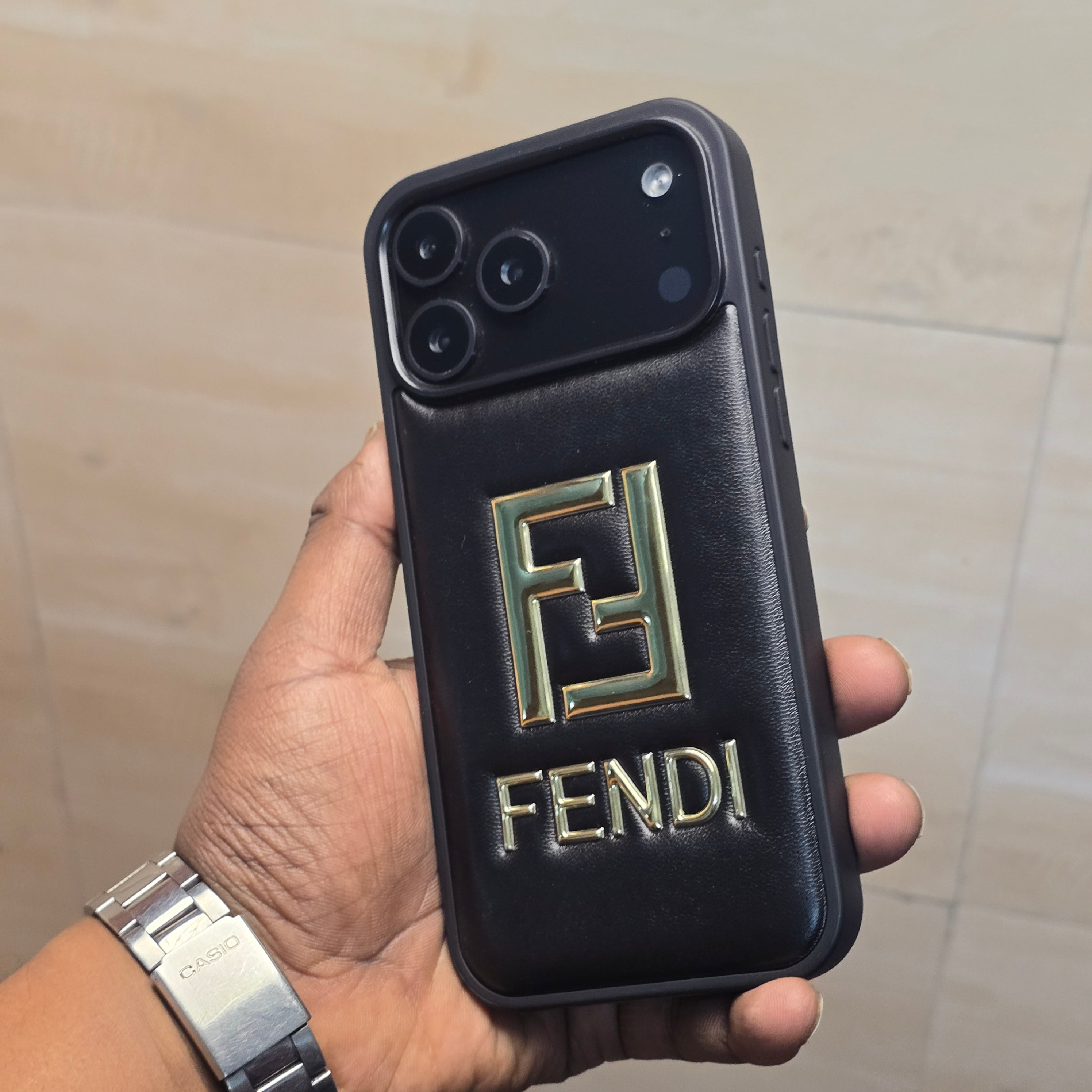 iPhone 17 Pro Max Leather Case Luxury Pattern with Plated Logo - Black