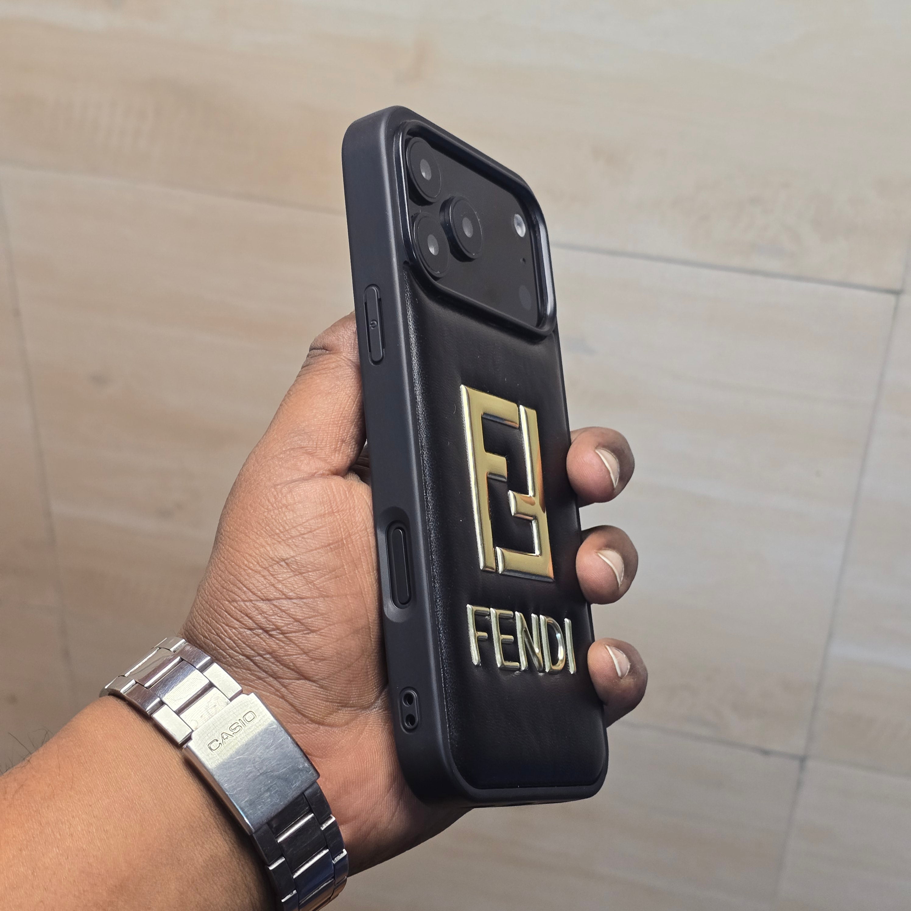 iPhone 17 Pro Max Leather Case Luxury Pattern with Plated Logo - Black