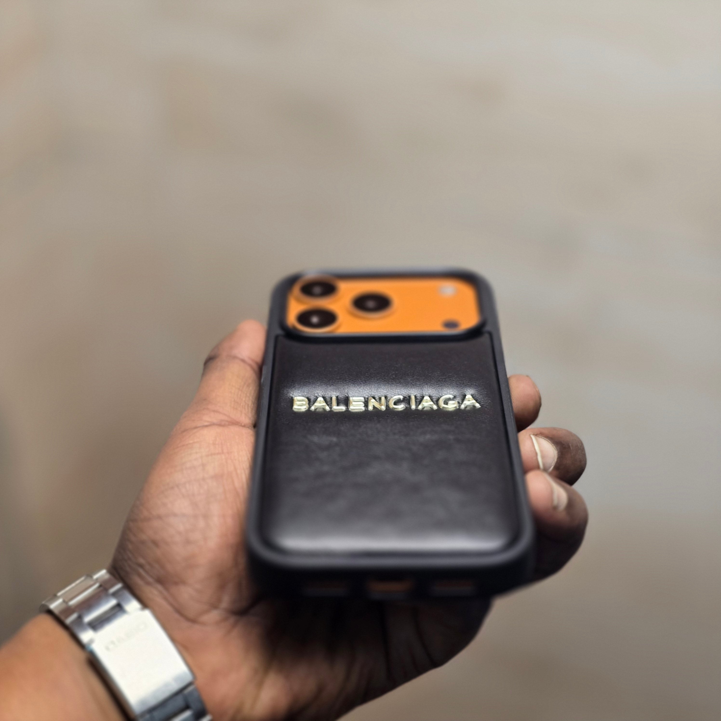 iPhone 17 Pro Leather Case Luxury Pattern with Plated Logo - Black