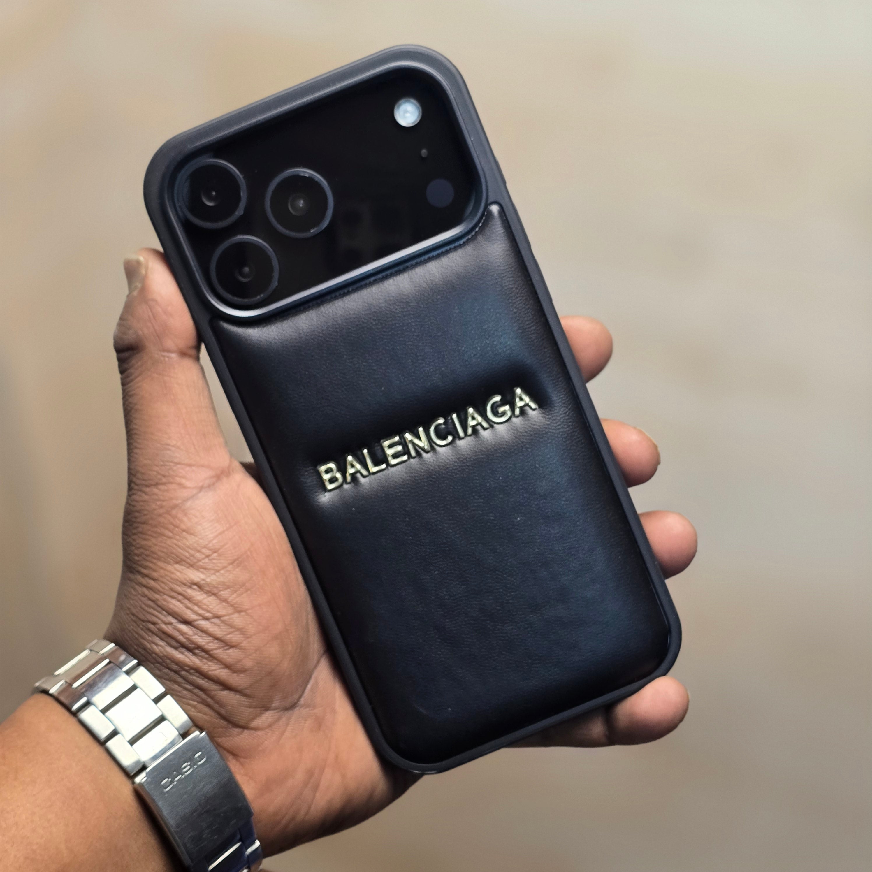 iPhone 17 Pro Leather Case Luxury Pattern with Plated Logo - Black
