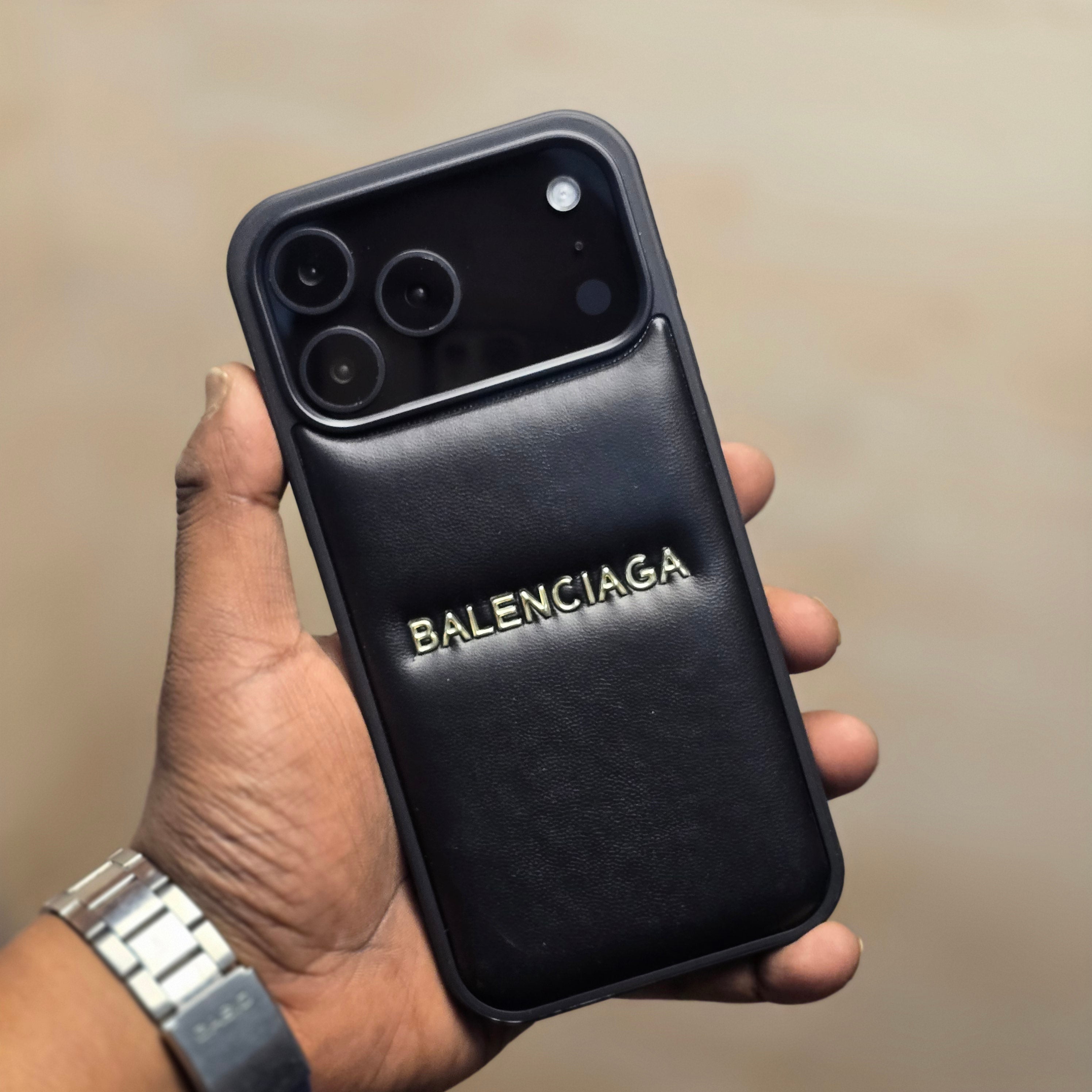 iPhone 17 Pro Max Leather Case Luxury Pattern with Plated Logo - Black