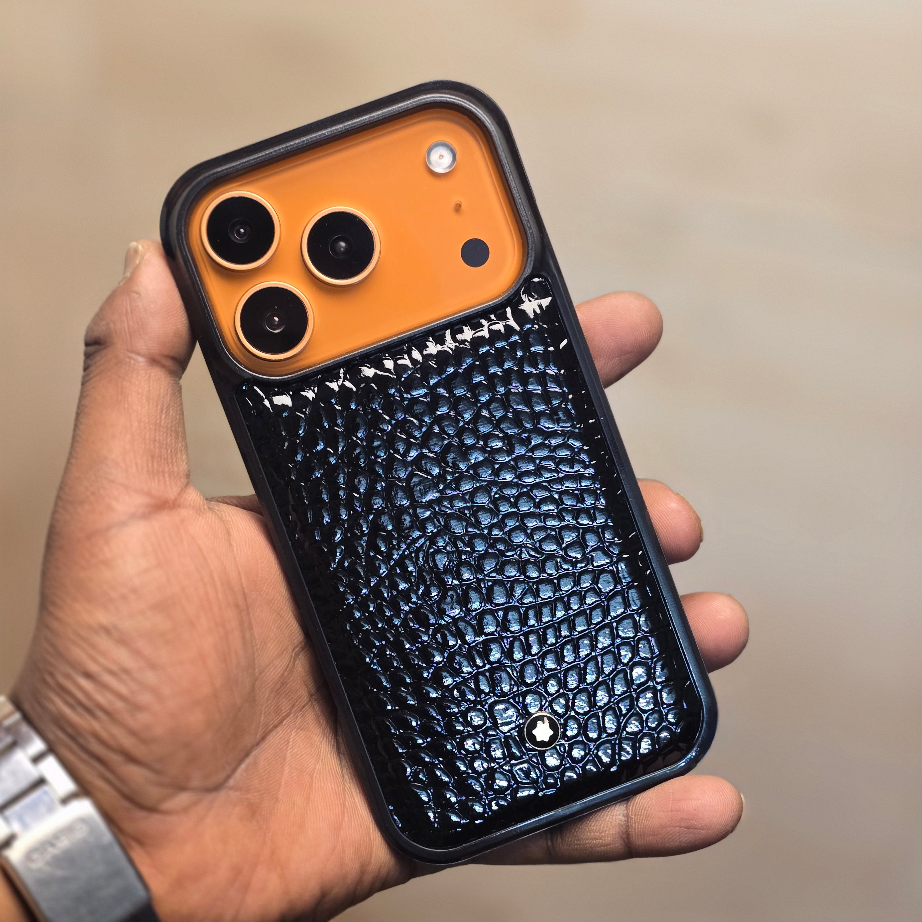 iPhone 17 Pro Leather Case Luxury Pattern with Plated Logo - Black