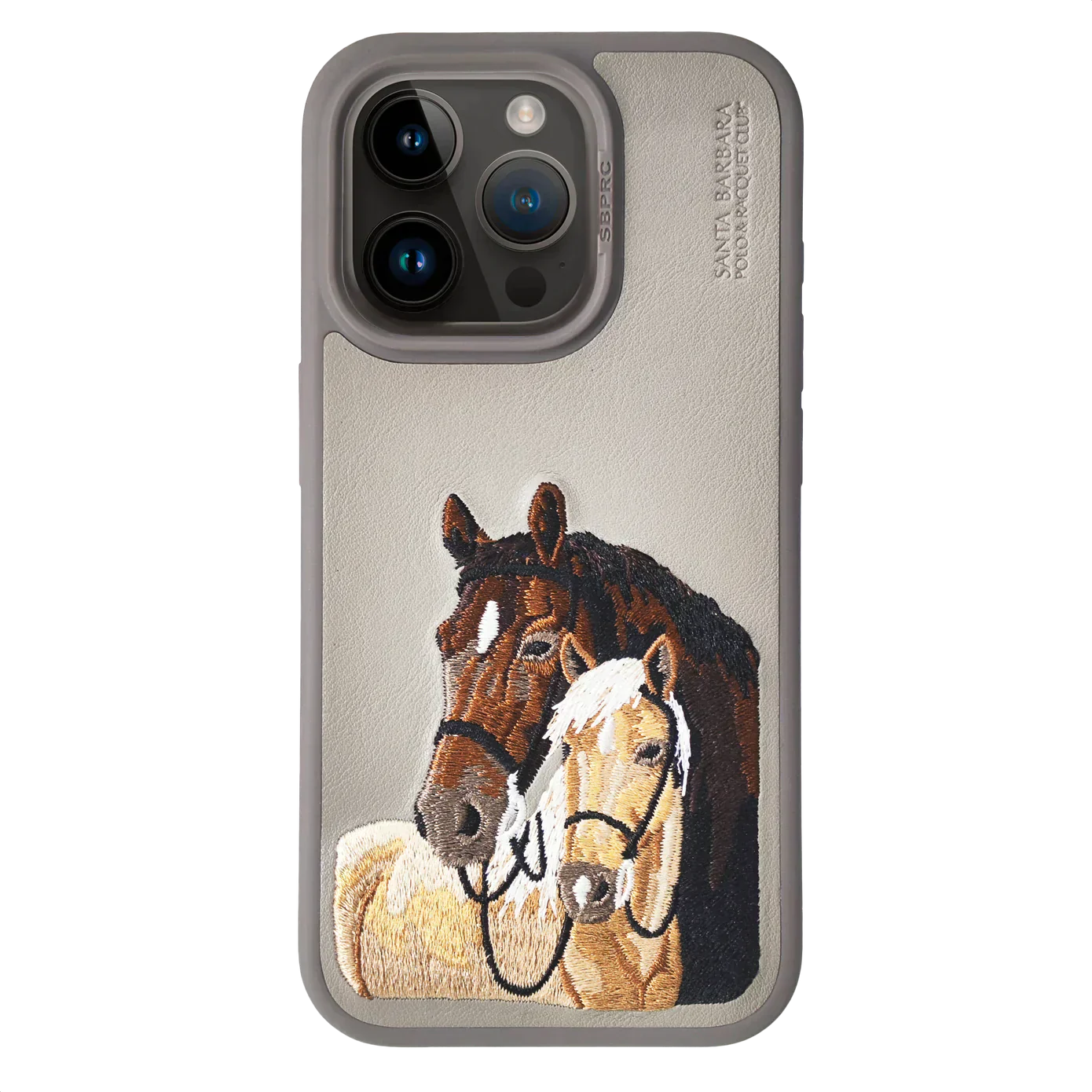 The ISIDORE Series Genuine Santa Barbara Polo Mobile Back Cover for iPhone 15 Pro |Men and Women||Horse Series||Embroidery Cover||Luxury Back Case||Free Leather Cover of Same Model Inside| (Titanium Grey)
