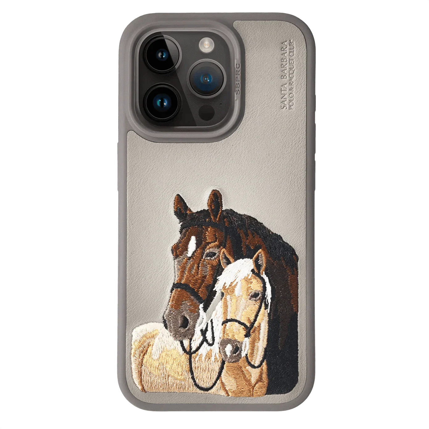 The ISIDORE Series Genuine Santa Barbara Polo Mobile Back Cover for iPhone 15 Pro Max|Men and Women||Horse Series||Embroidery Cover||Luxury Back Case||Free Leather Cover of Same Model Inside| (Titanium Grey)