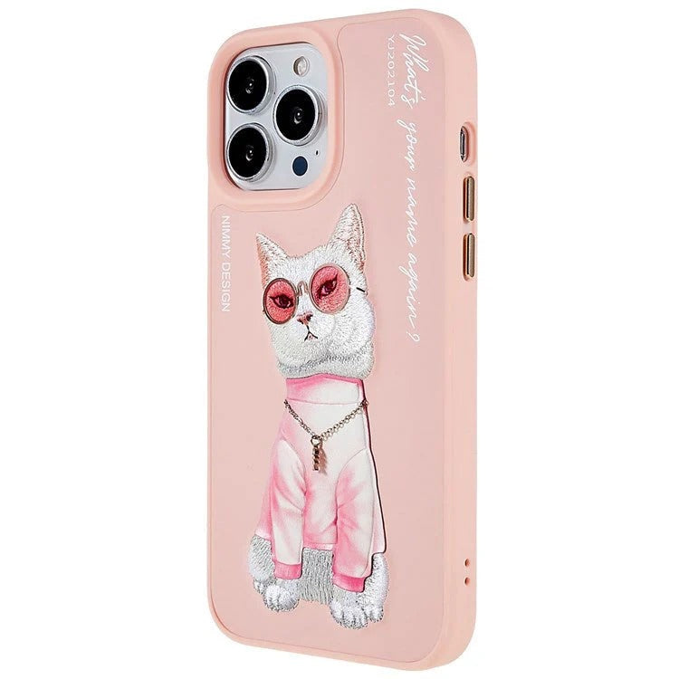 iPhone 15 Plus Nimmy Embroidery Leather Shockproof Case - Pink Cat